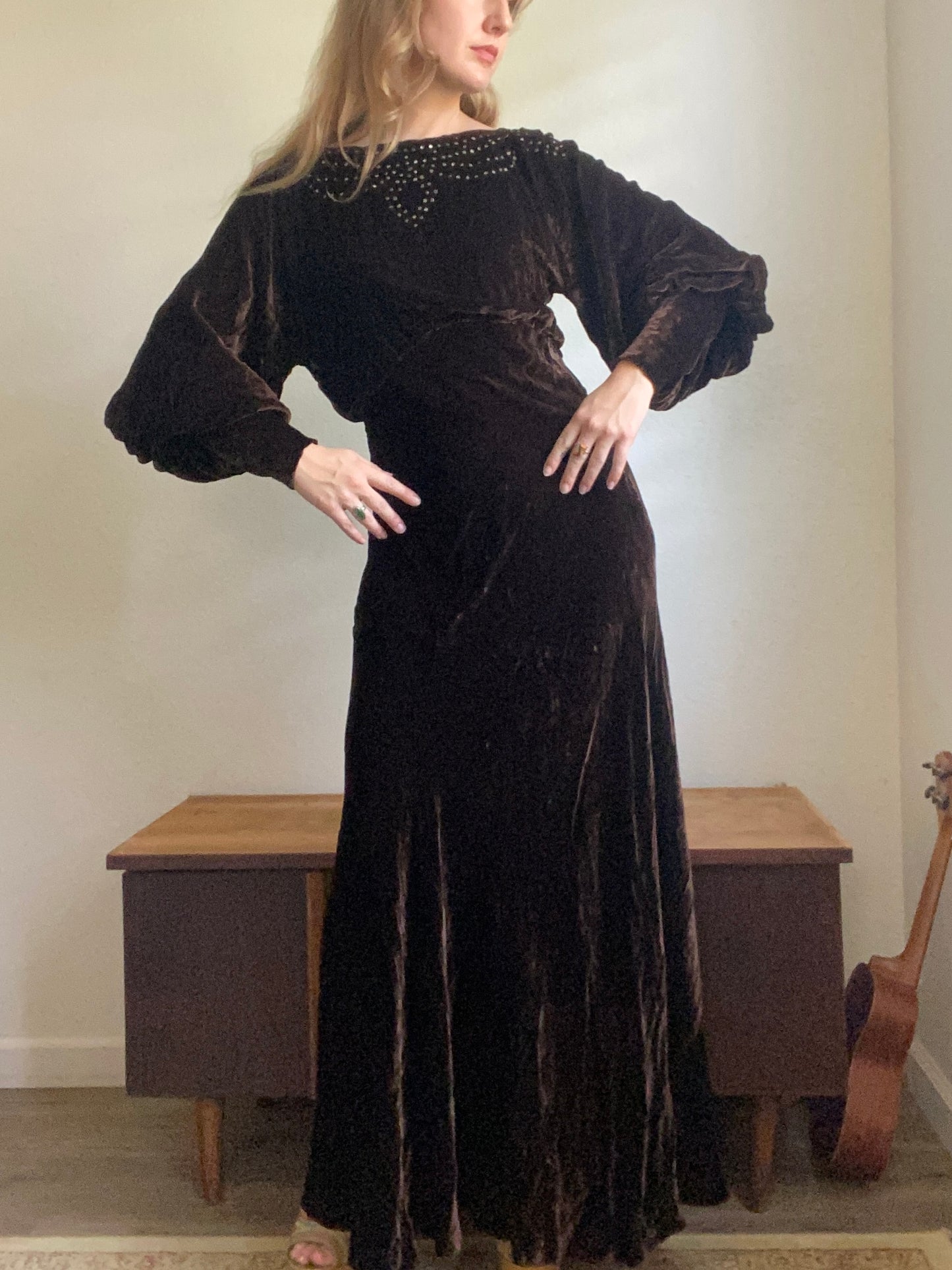 1940s Rhinestone Bias Cut Brown Velvet dress