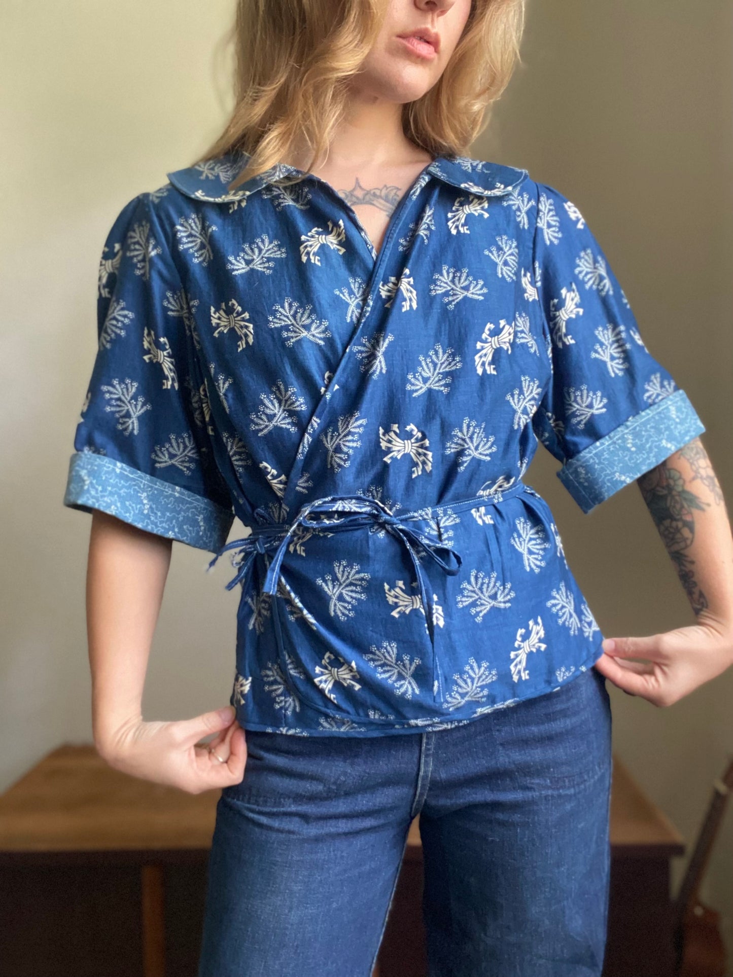 Early 1900s Antique Blue Cotton Calico fabric remade Blouse by Reunion Vintage