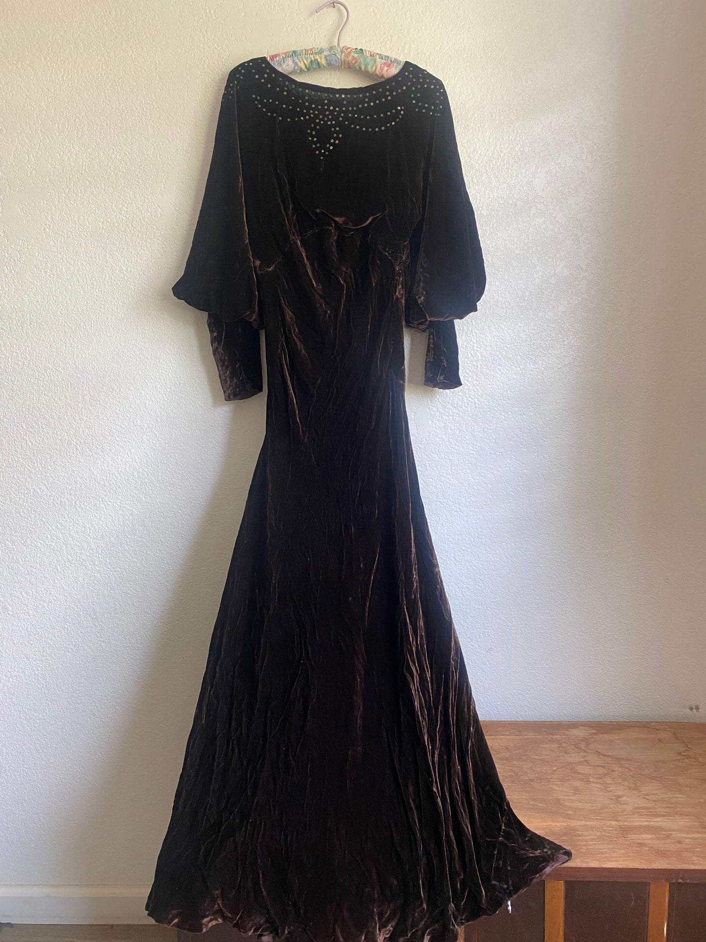 1940s Rhinestone Bias Cut Brown Velvet dress