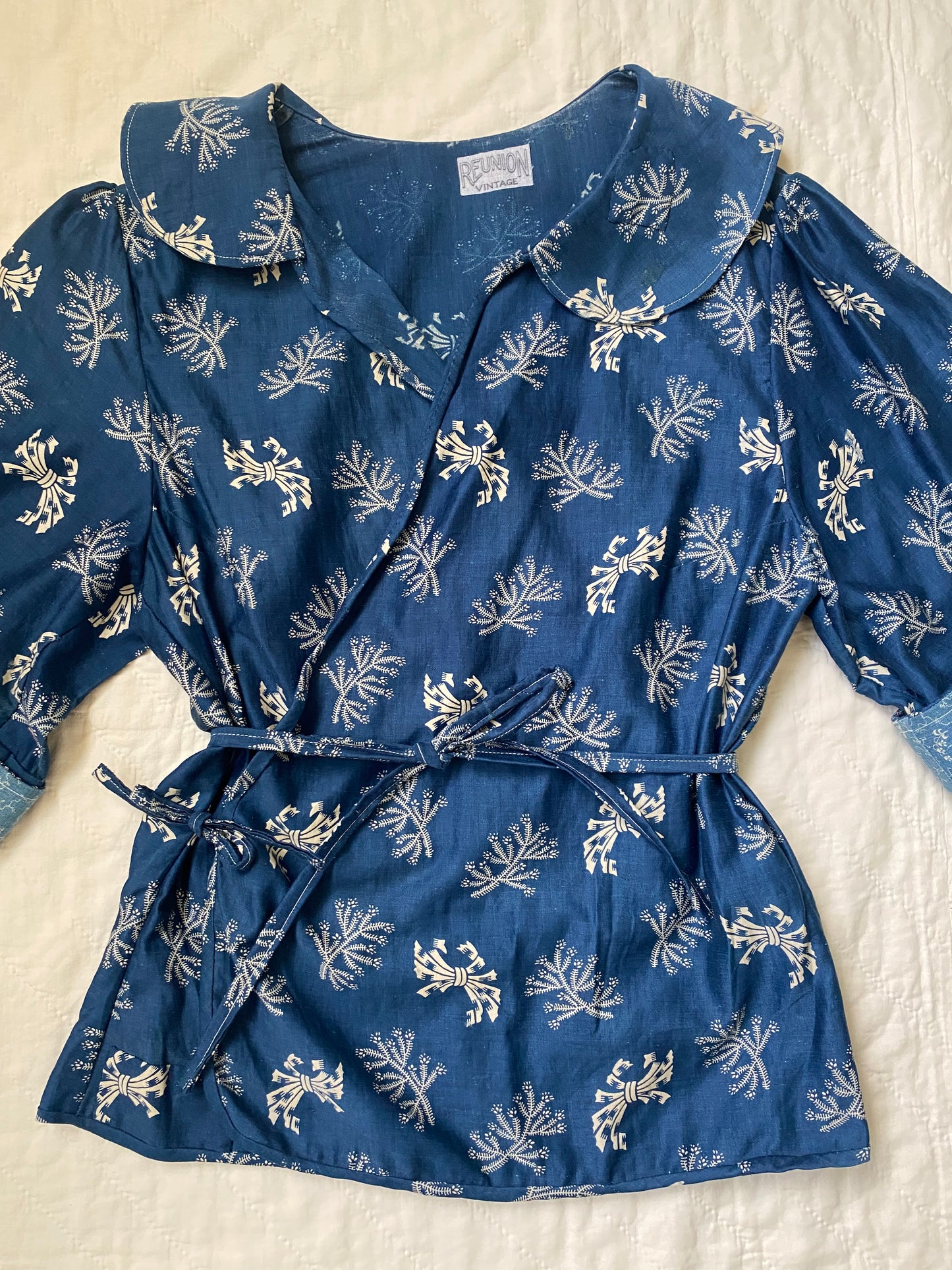 Early 1900s Antique Blue Cotton Calico fabric remade Blouse by Reunion Vintage