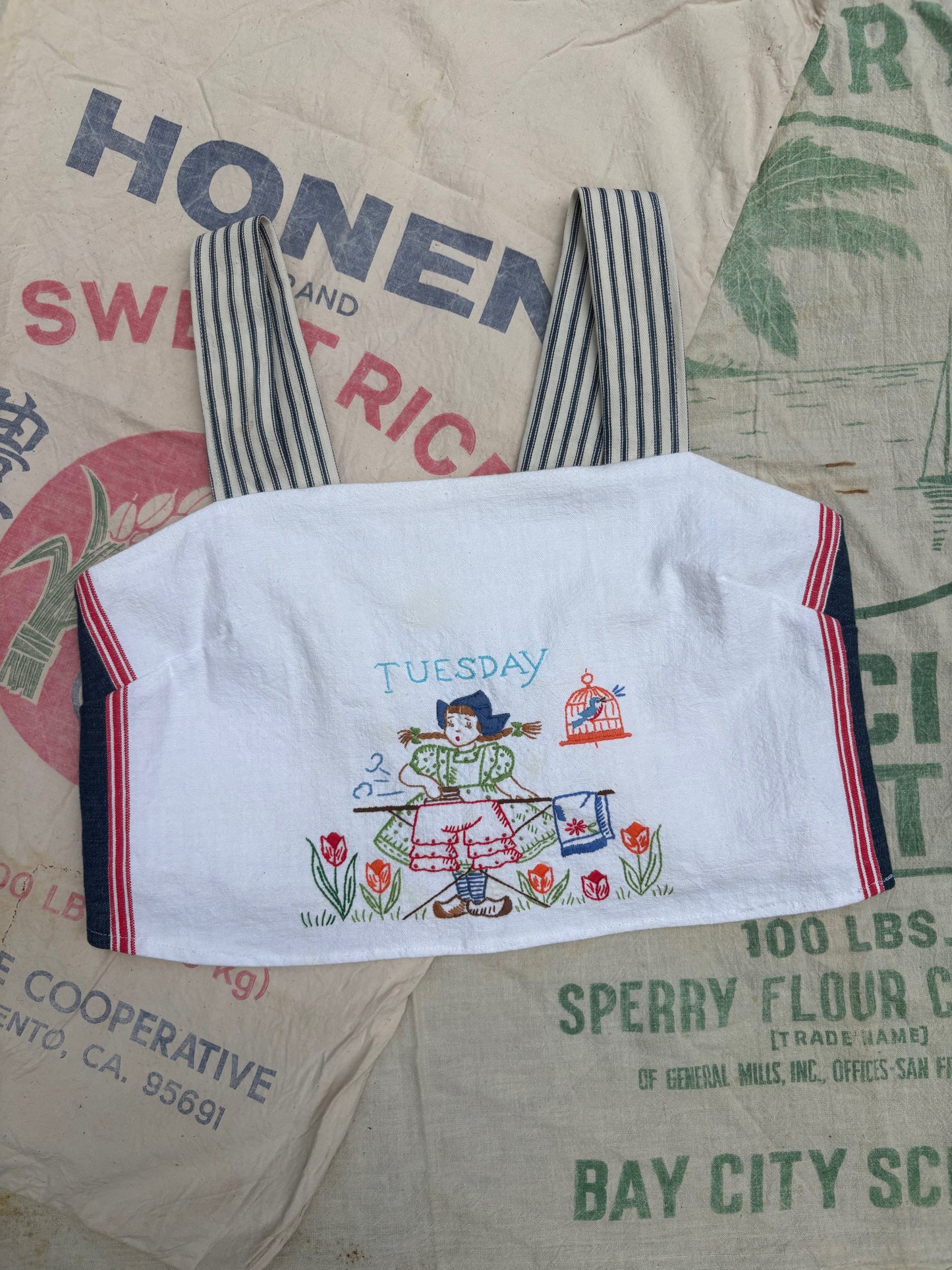 Vintage Handmade Tuesday Embroidered Tea Towel and Feed Sack Tank Top