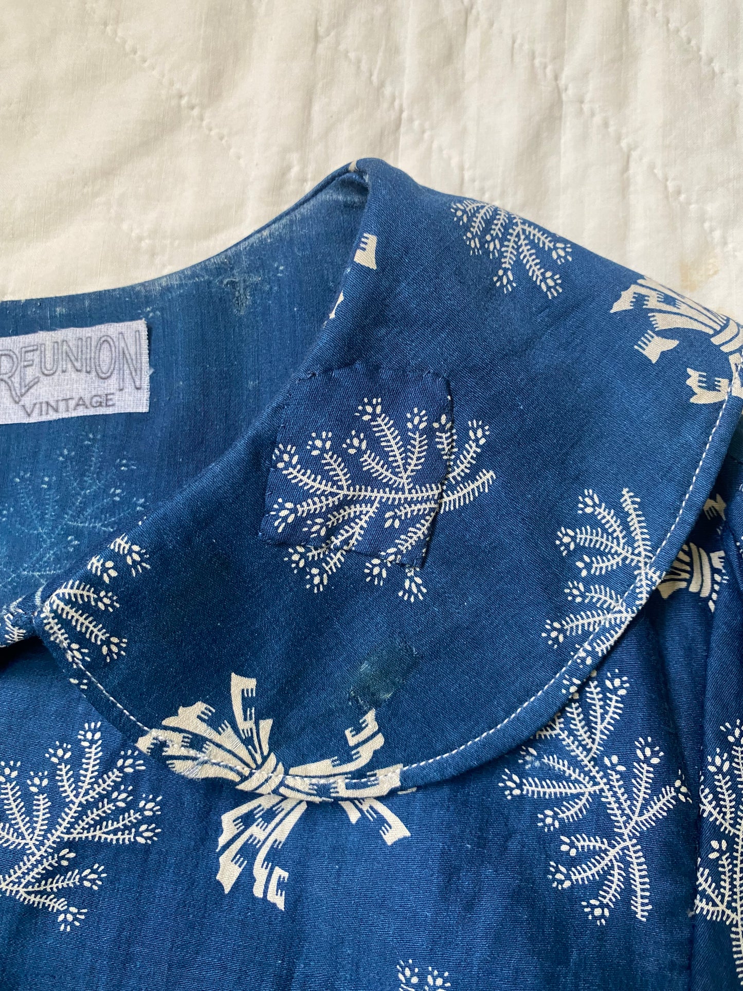 Early 1900s Antique Blue Cotton Calico fabric remade Blouse by Reunion Vintage