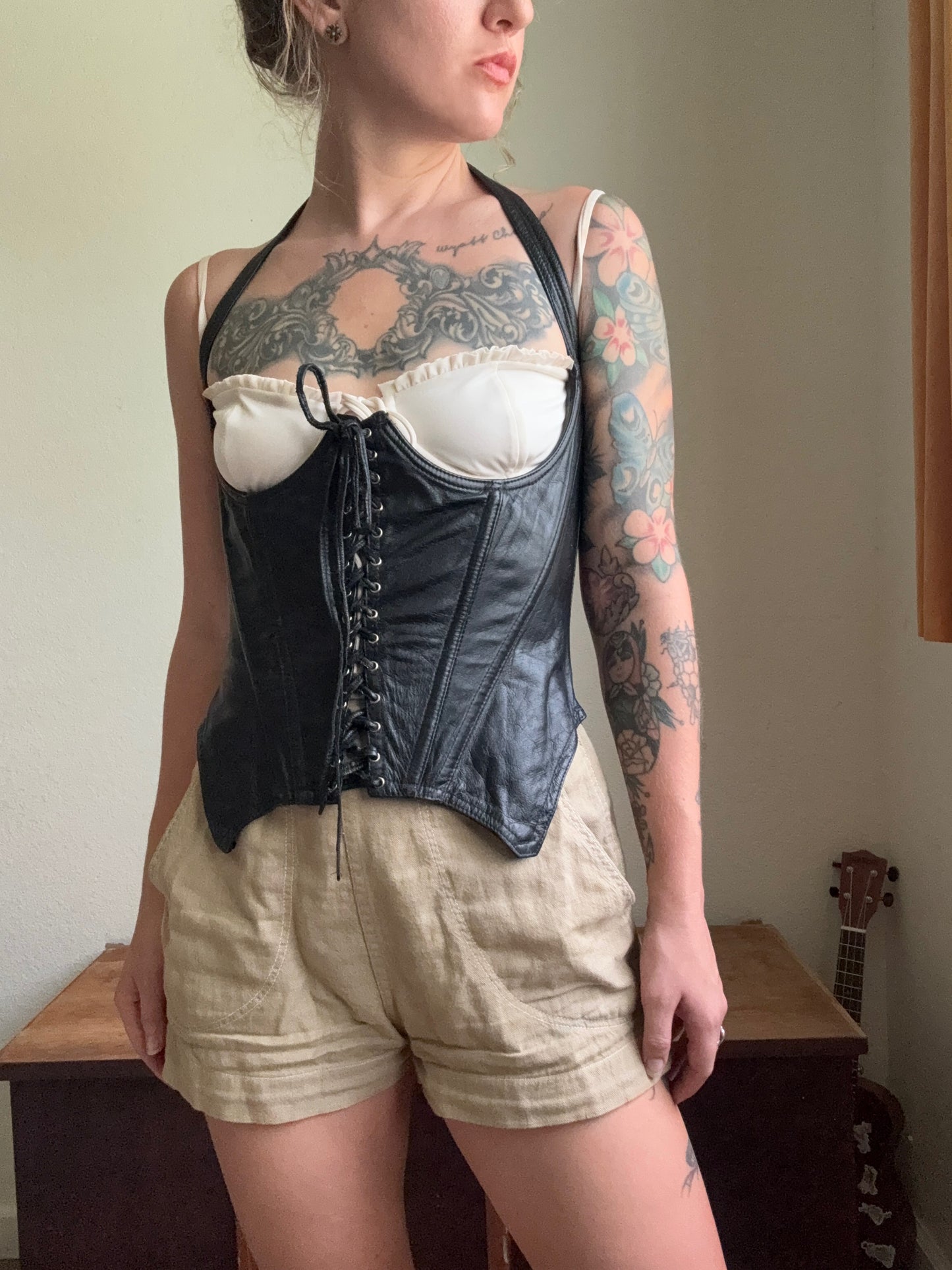 1980s Trashy Lingerie Leather Corset Bustier Halter Top Medium