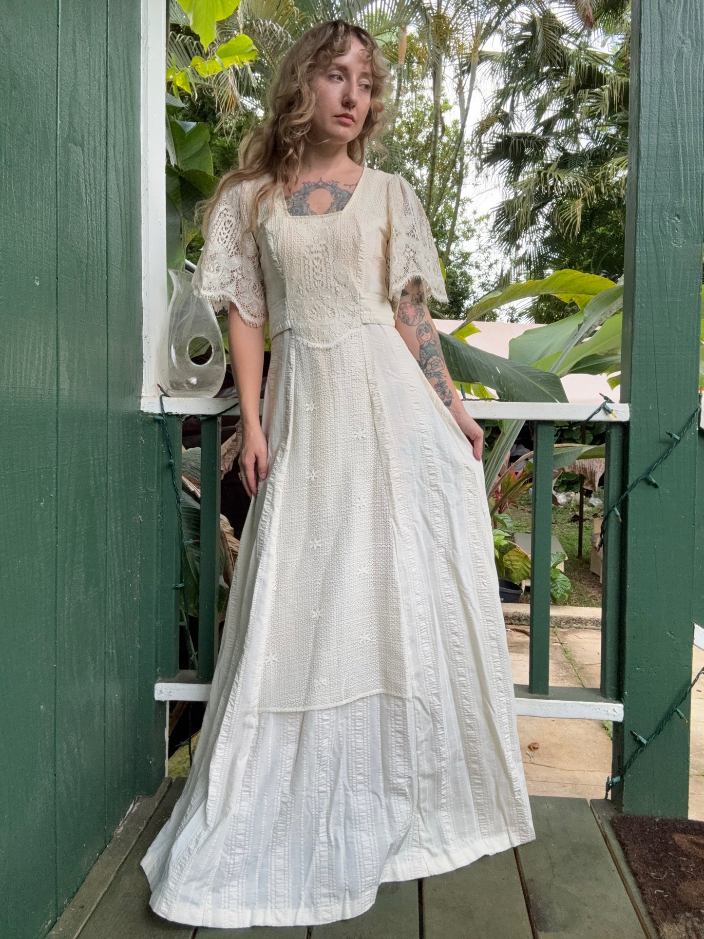 1970s Joy Stevens Ivory Lace Prairie Dress Small Long