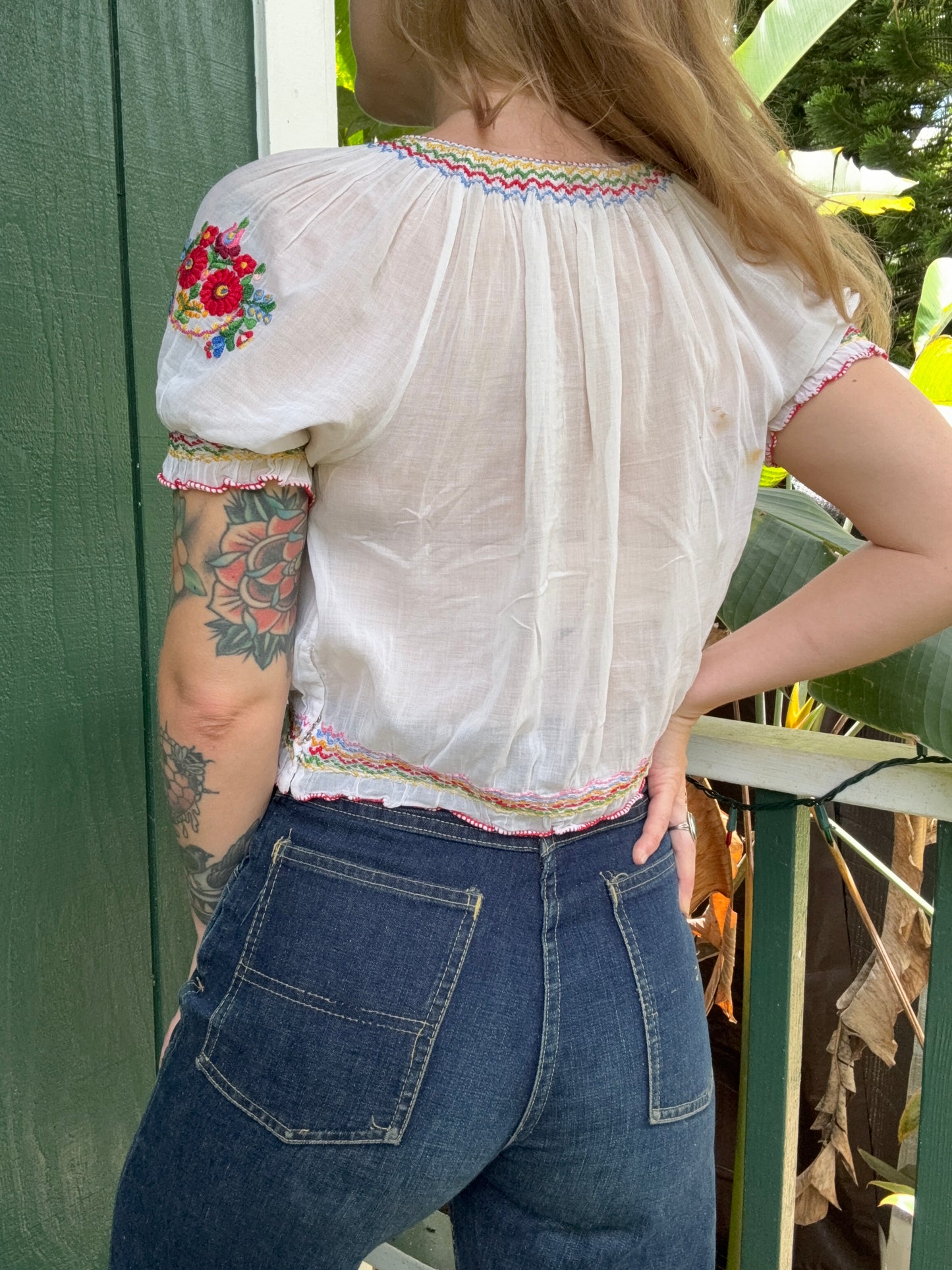 1930s or 1940s Hungarian Embroidered Gauze Cotton Blouse