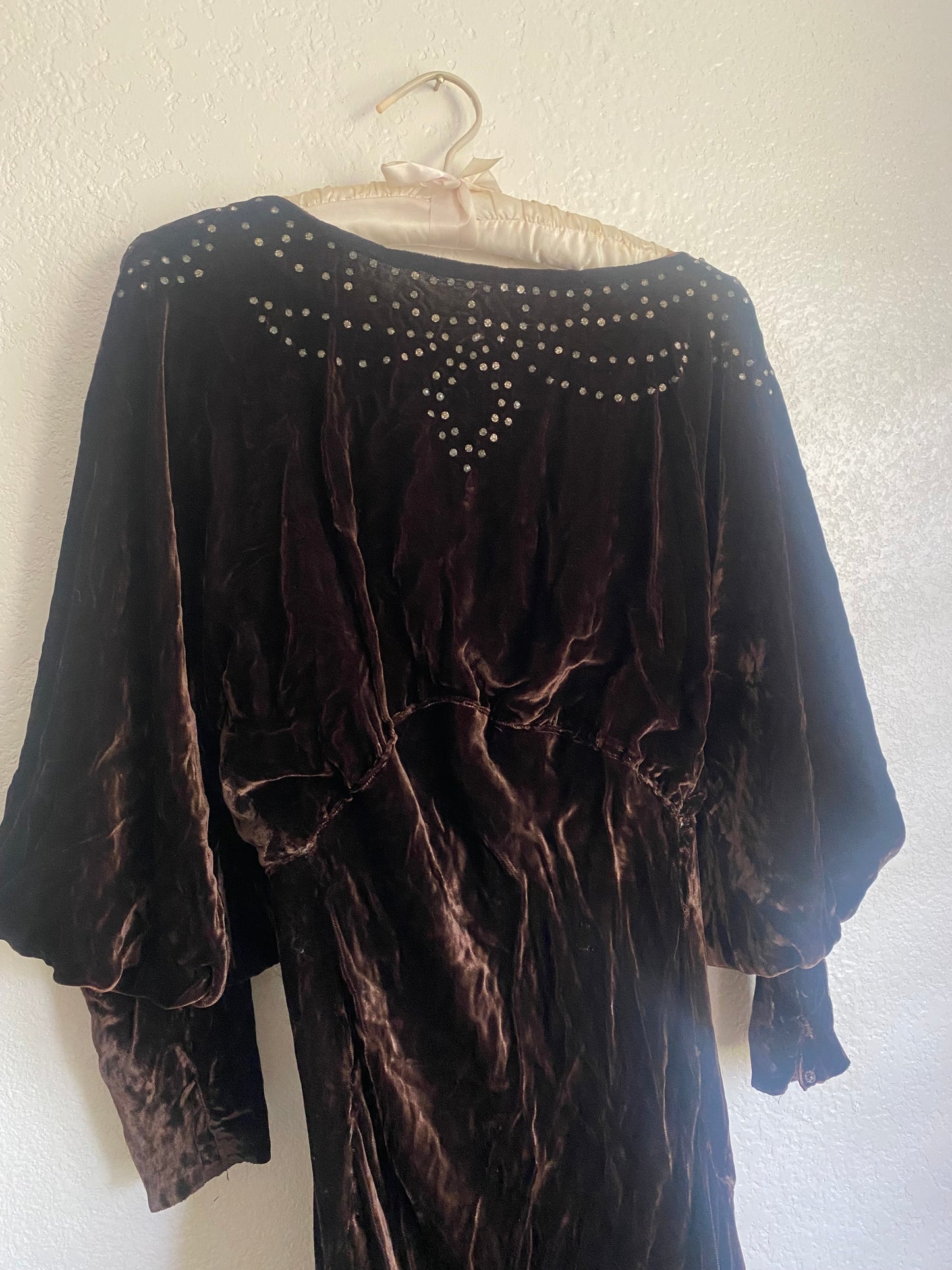 1940s Rhinestone Bias Cut Brown Velvet dress