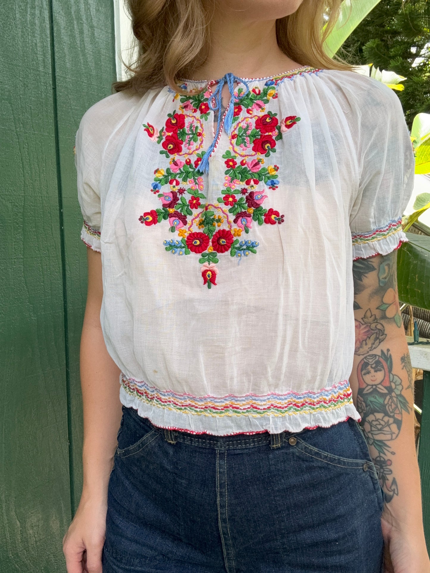 1930s or 1940s Hungarian Embroidered Gauze Cotton Blouse