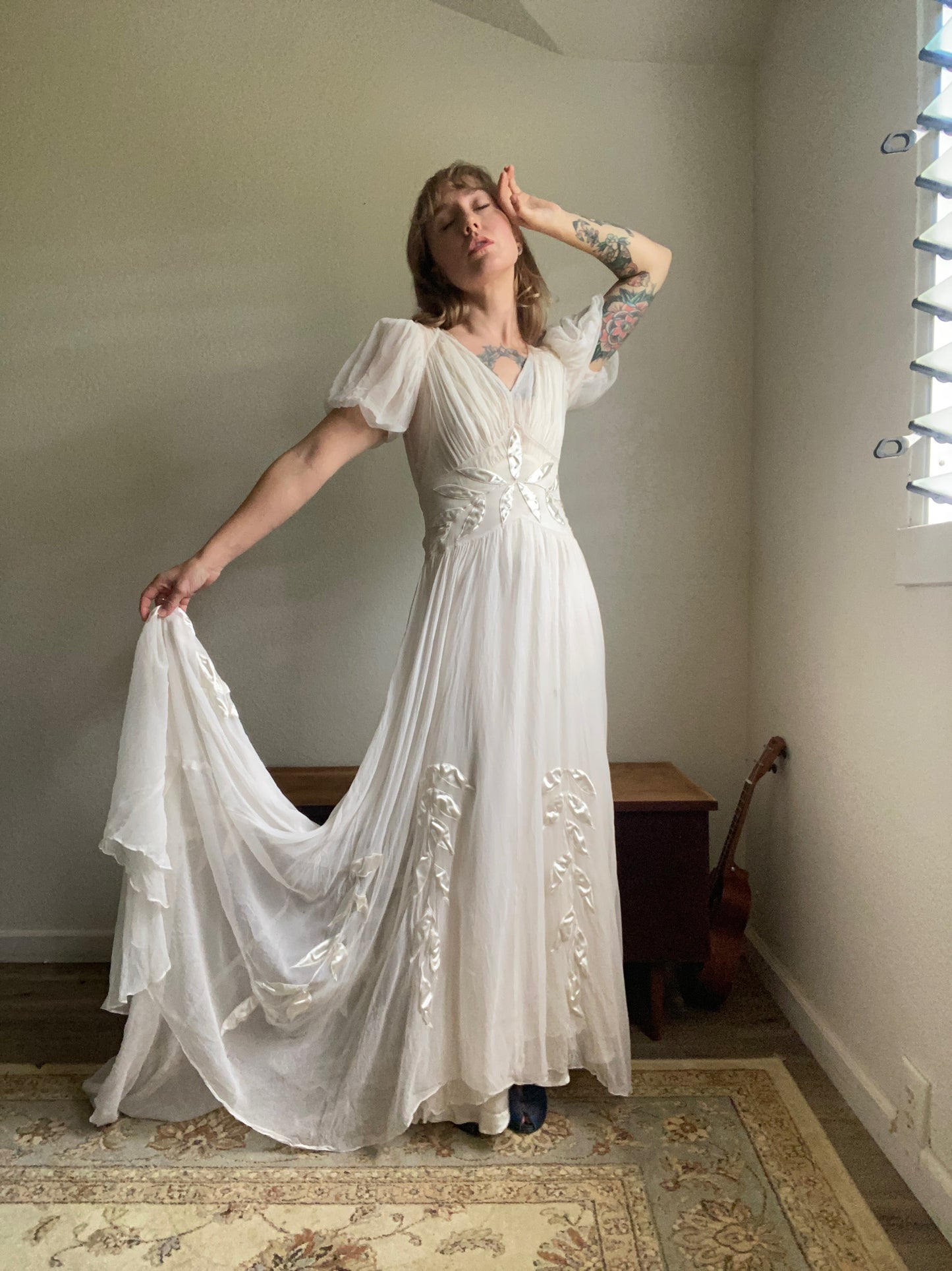 1930s 2 piece net tulle wedding gown and slip XS/S