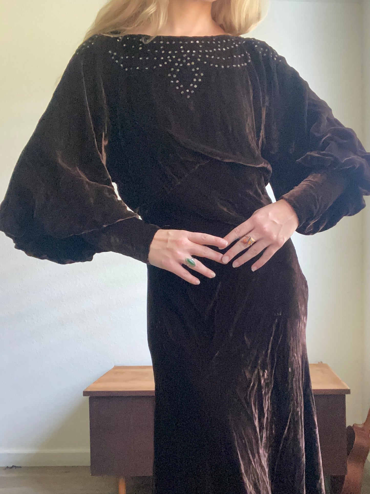 1940s Rhinestone Bias Cut Brown Velvet dress