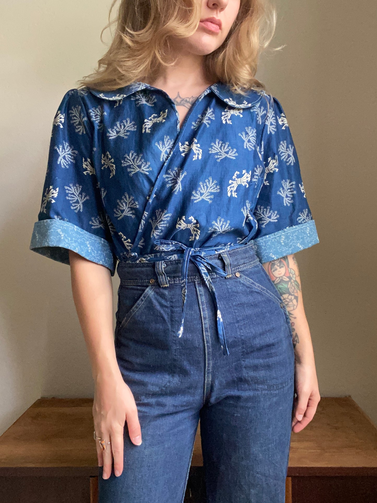 Early 1900s Antique Blue Cotton Calico fabric remade Blouse by Reunion Vintage