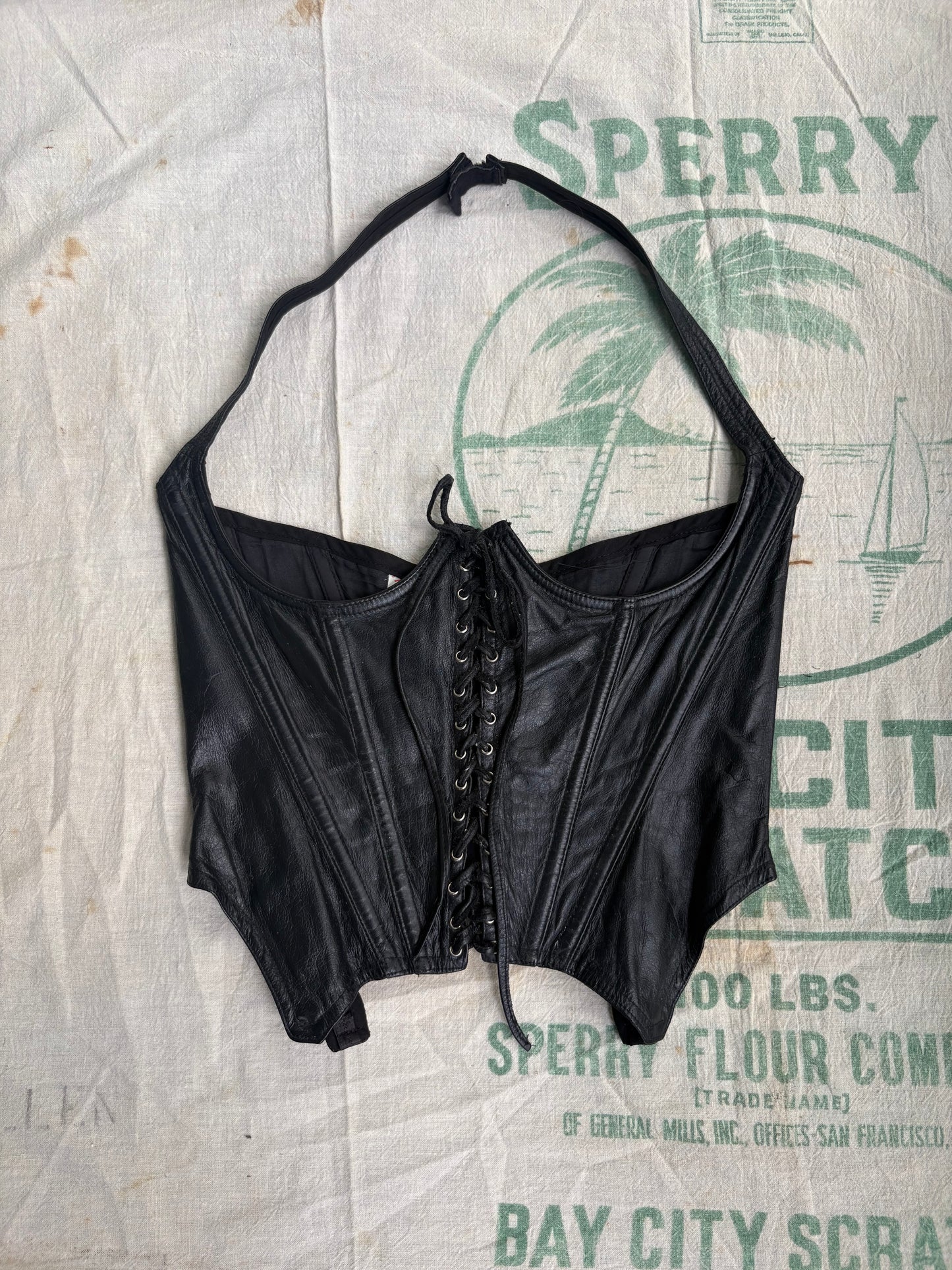 1980s Trashy Lingerie Leather Corset Bustier Halter Top Medium