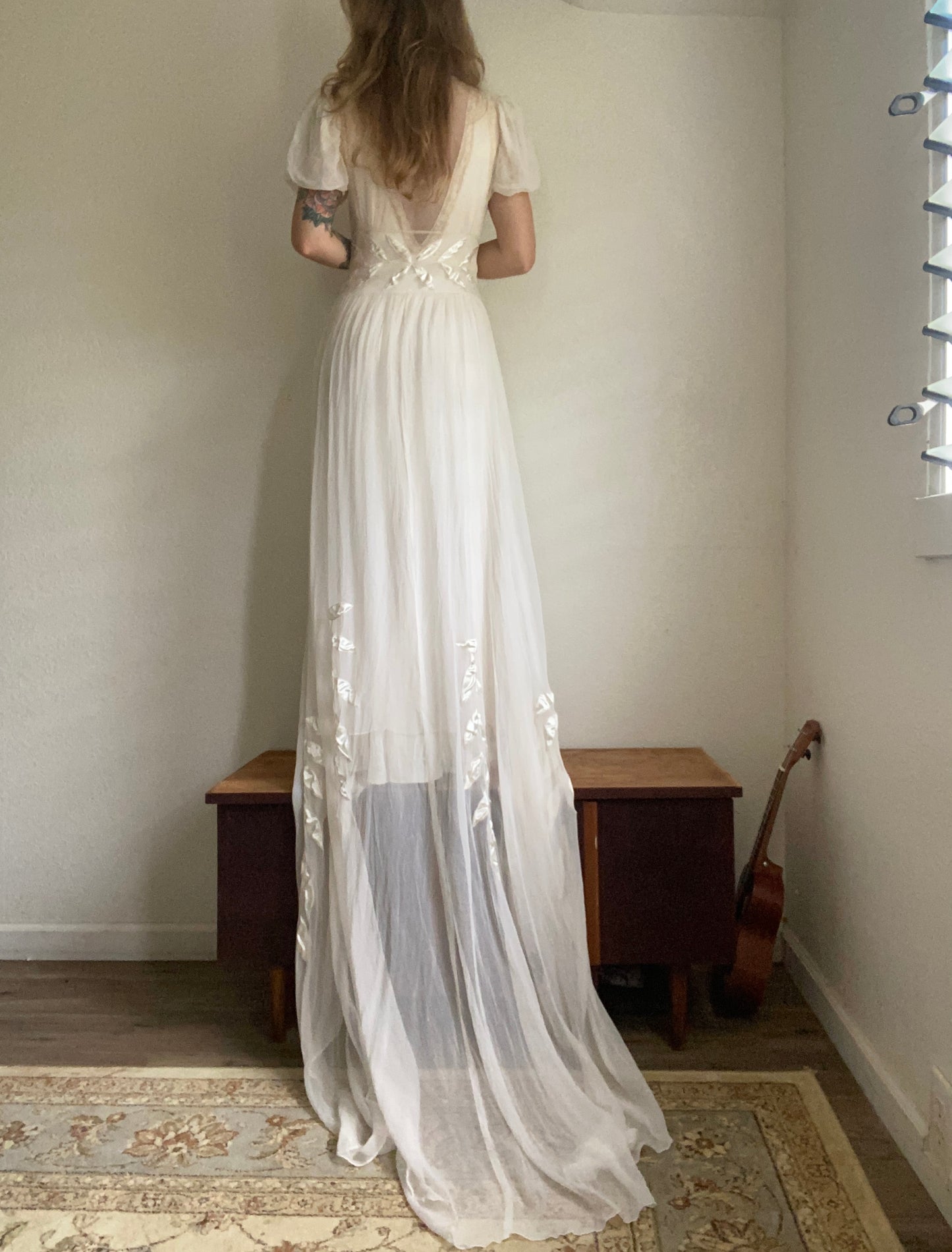 1930s 2 piece net tulle wedding gown and slip XS/S