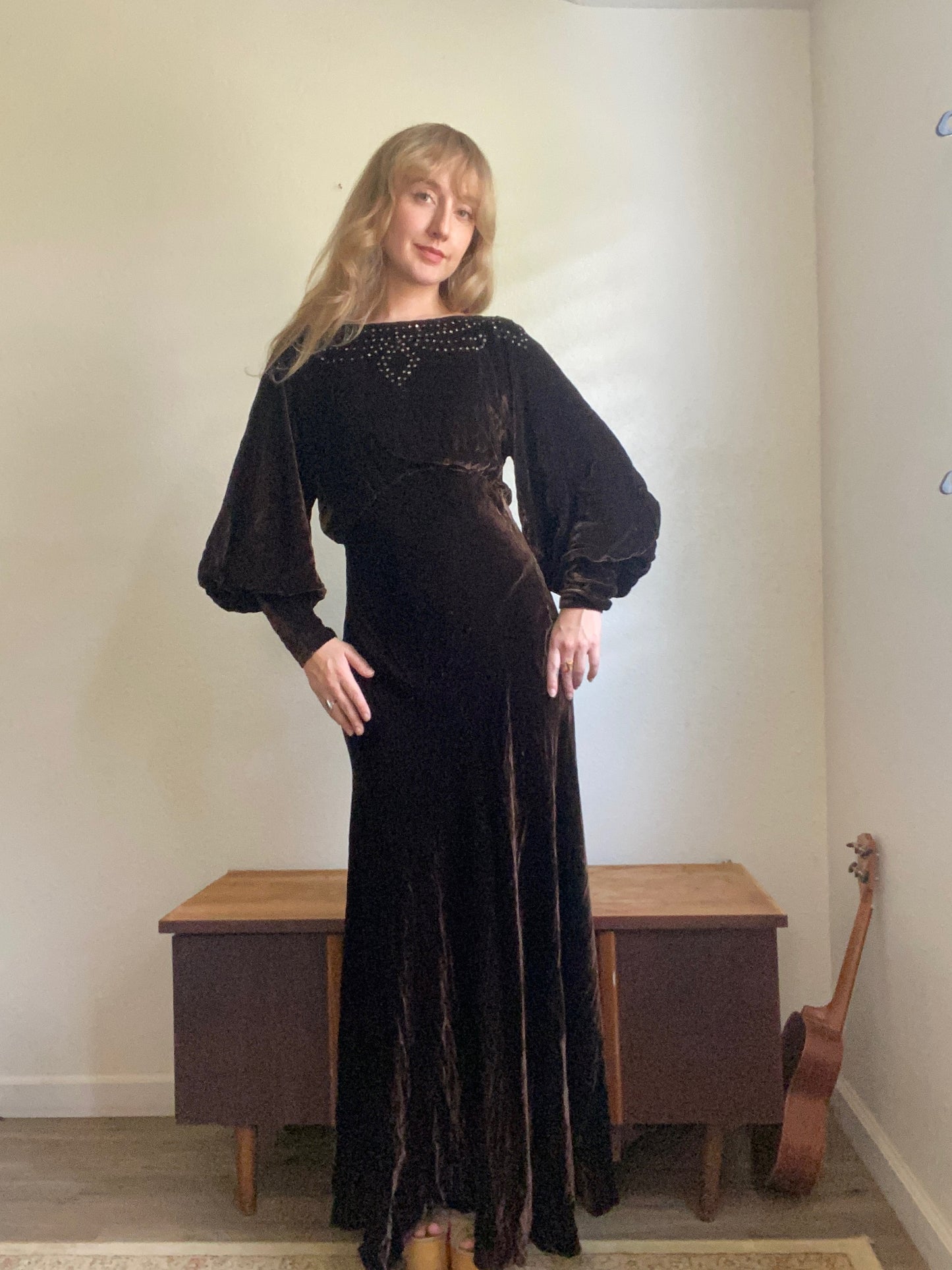 1940s Rhinestone Bias Cut Brown Velvet dress