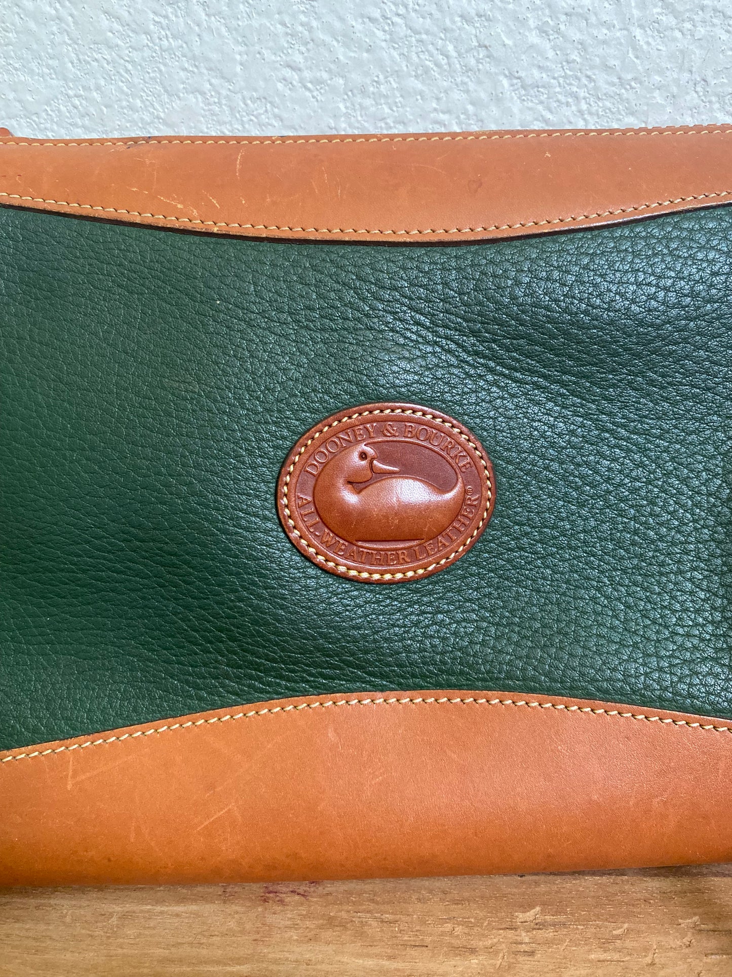 Vintage Dooney & Bourke Green and Tan Brown Leather Crossbody Bag Purse