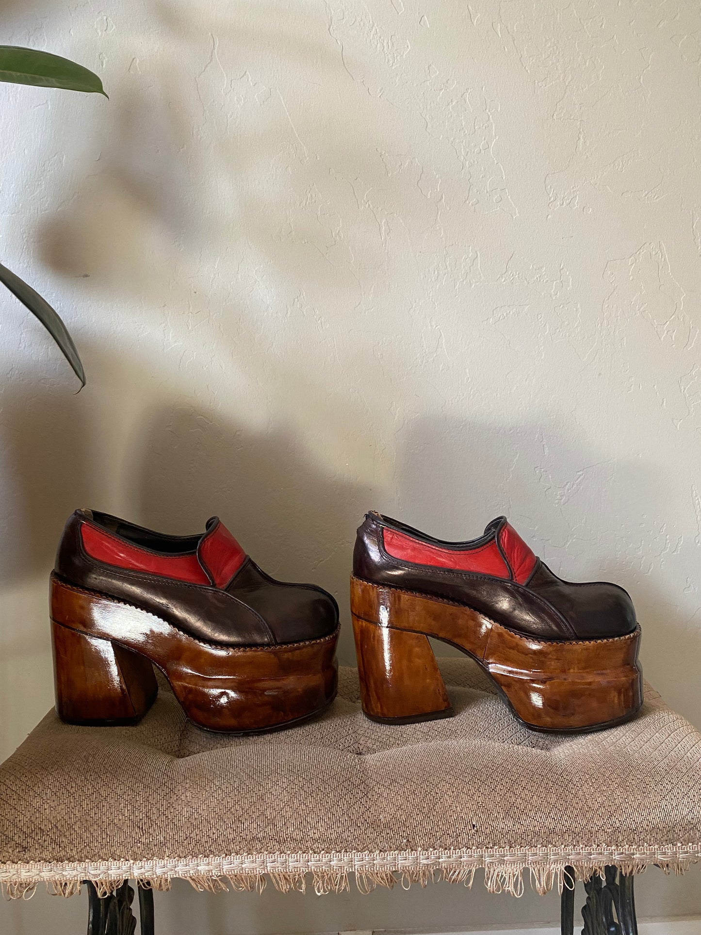 1970s Multicolor Leather Wooden Platform Shoes