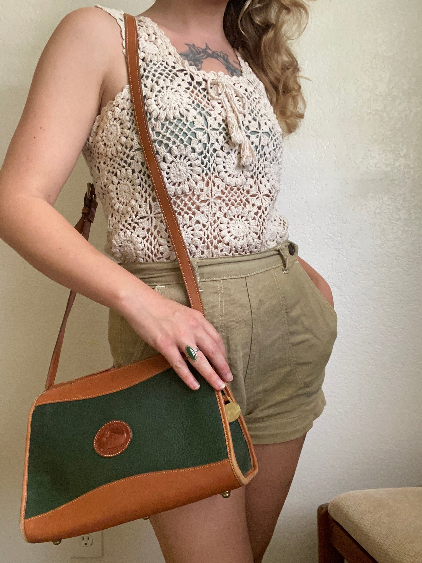 Vintage Dooney & Bourke Green and Tan Brown Leather Crossbody Bag Purse