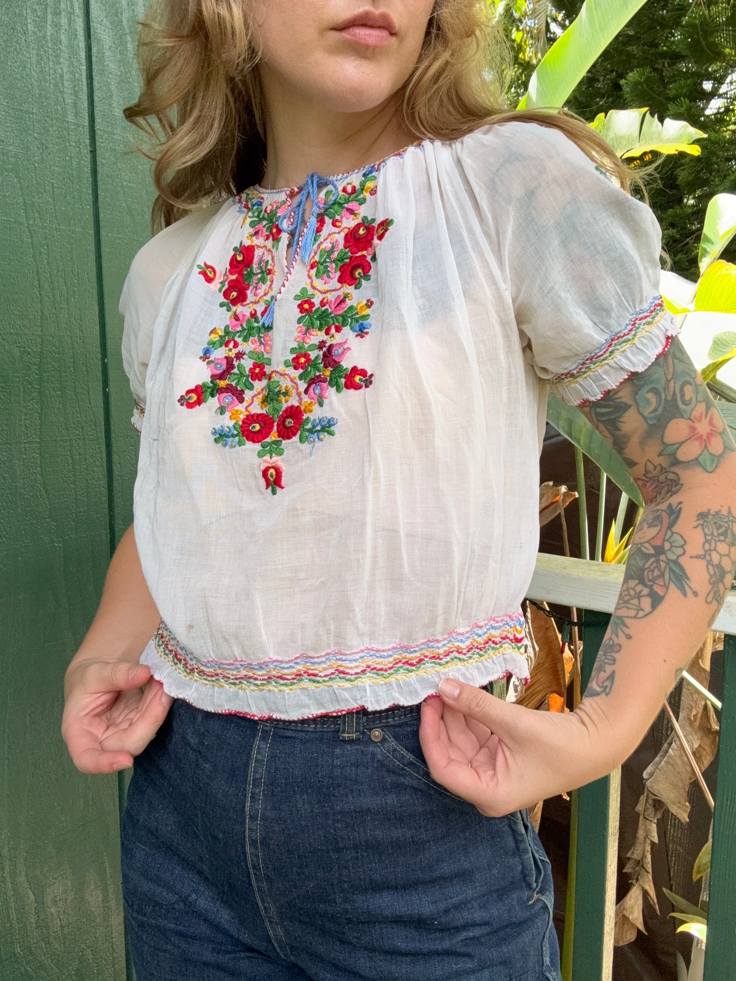 1930s or 1940s Hungarian Embroidered Gauze Cotton Blouse