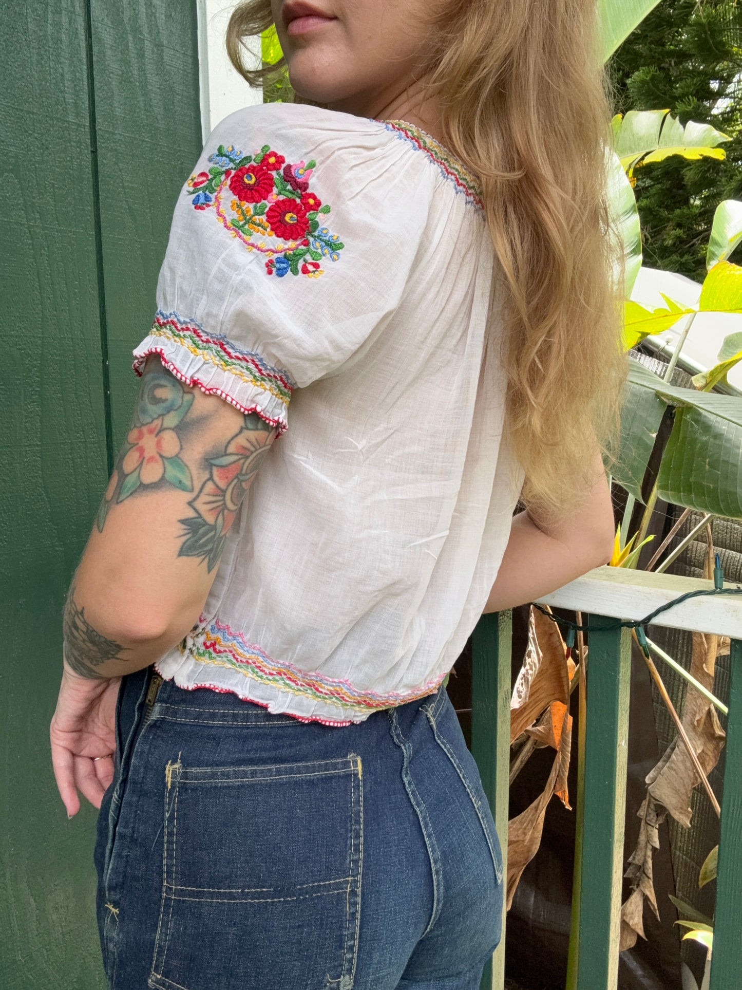 1930s or 1940s Hungarian Embroidered Gauze Cotton Blouse