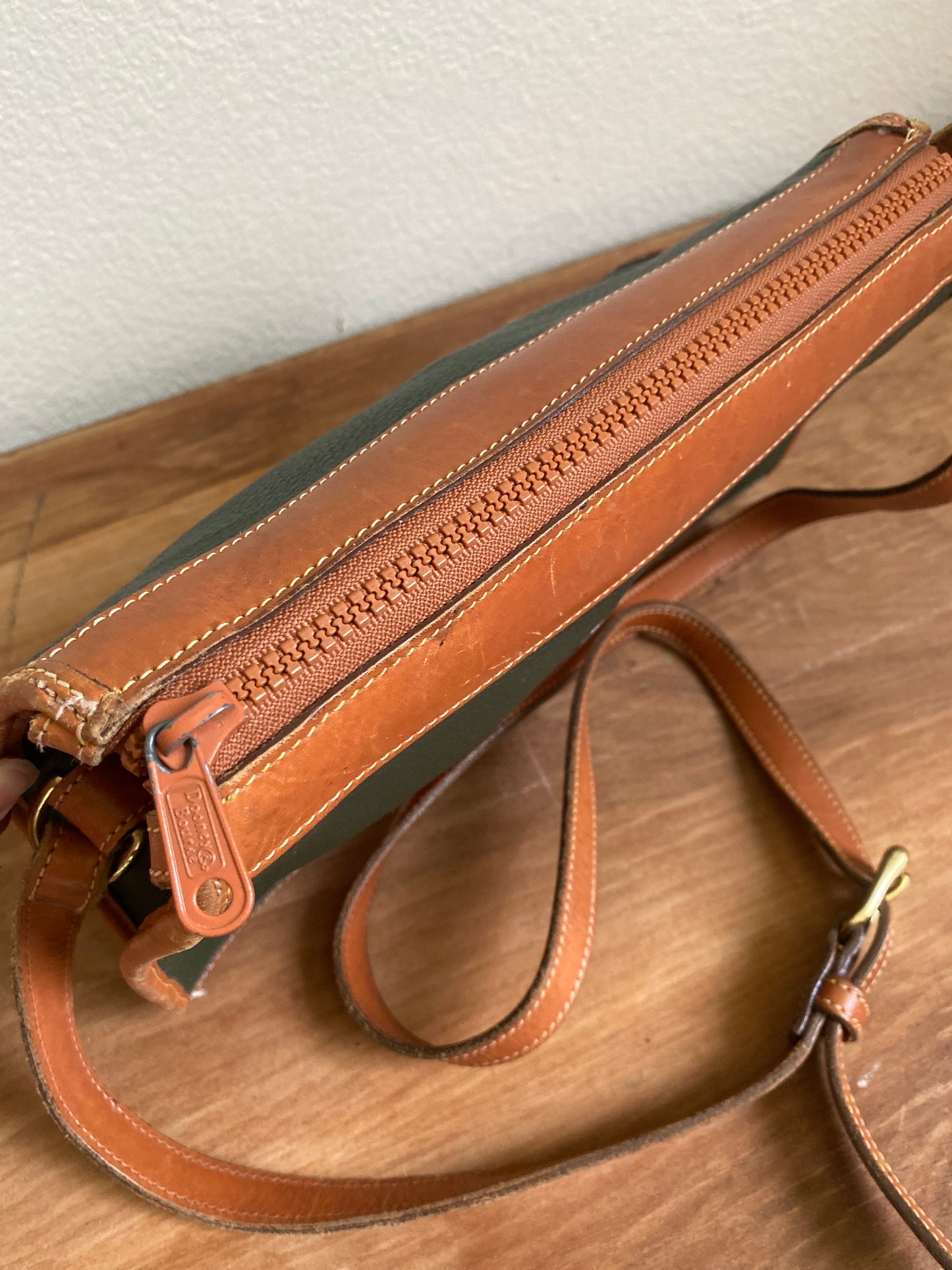 Vintage Dooney & Bourke Green and Tan Brown Leather Crossbody Bag Purse