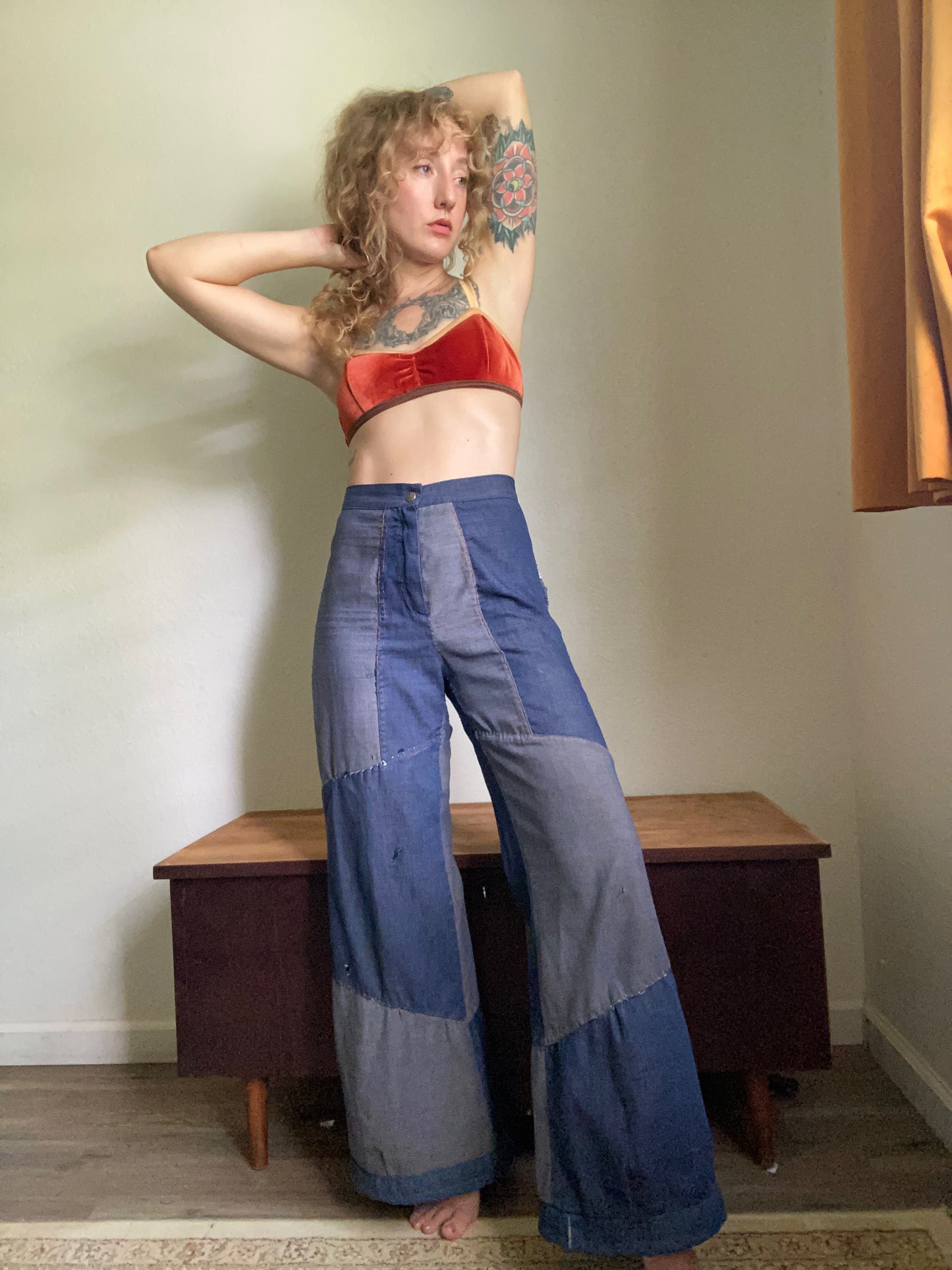 1970s Patchwork denim wide leg jeans 29” waist