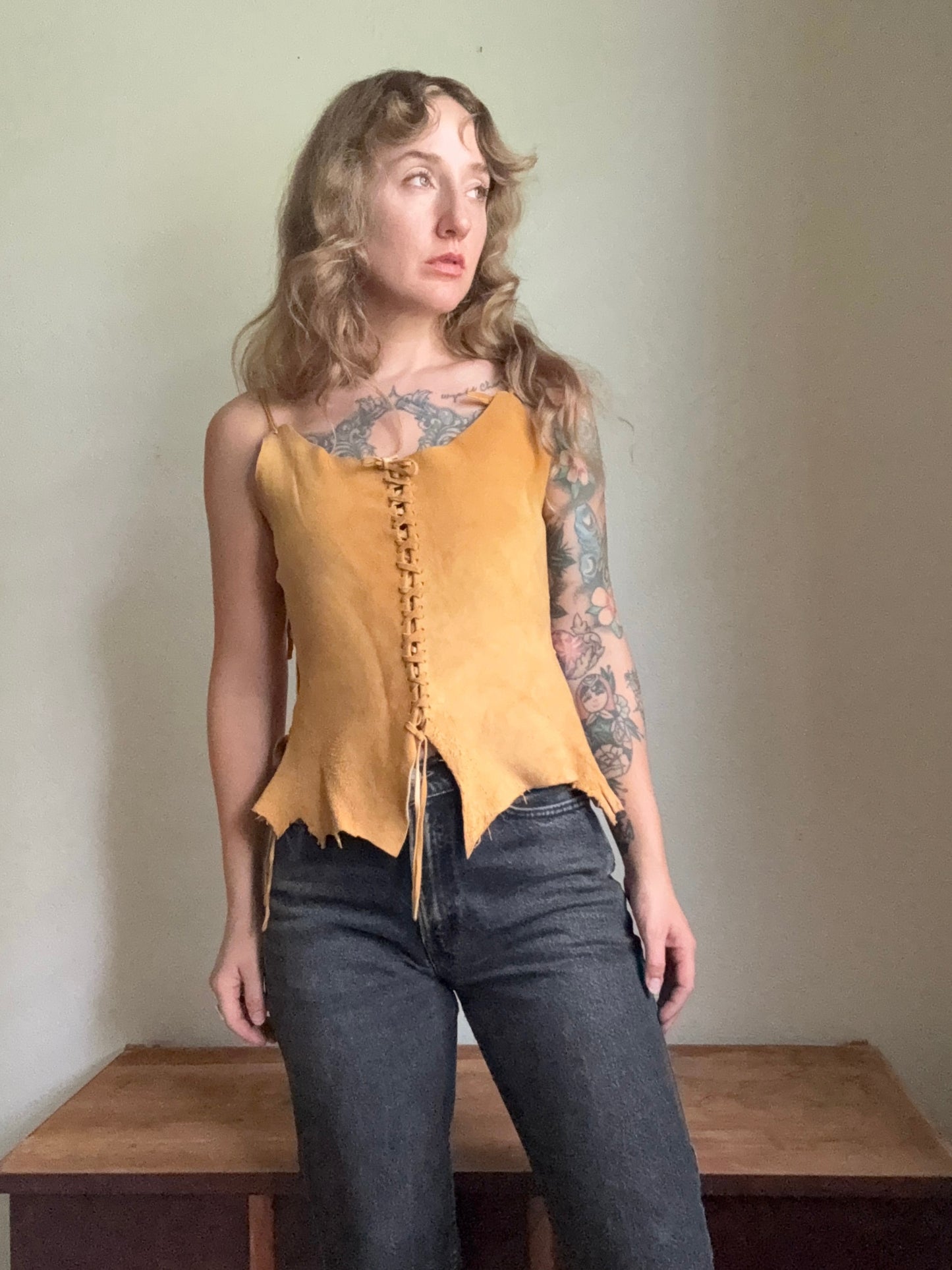 1970s Buck Skin Deer Leather Tank Top Small Medium