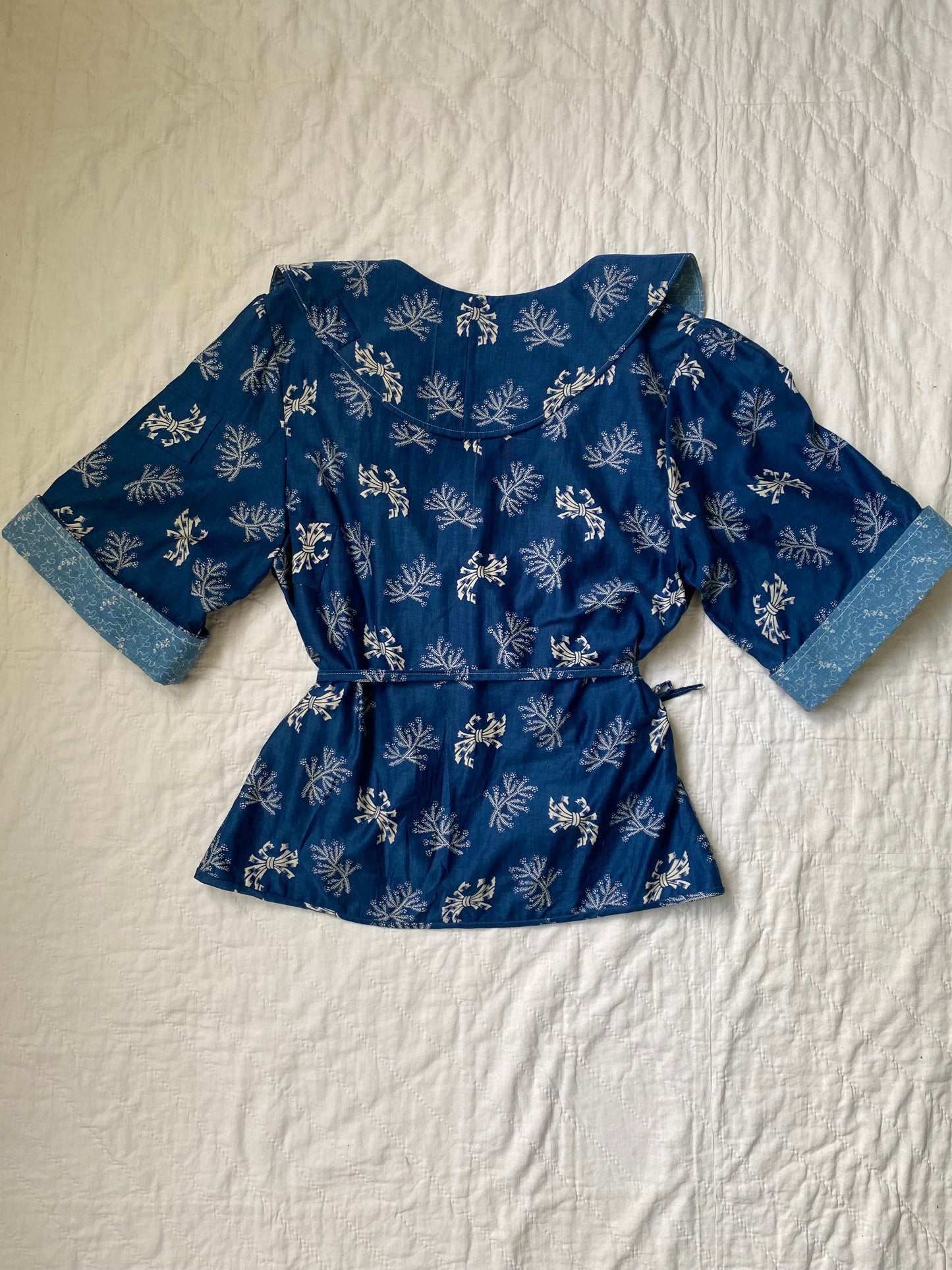 Early 1900s Antique Blue Cotton Calico fabric remade Blouse by Reunion Vintage