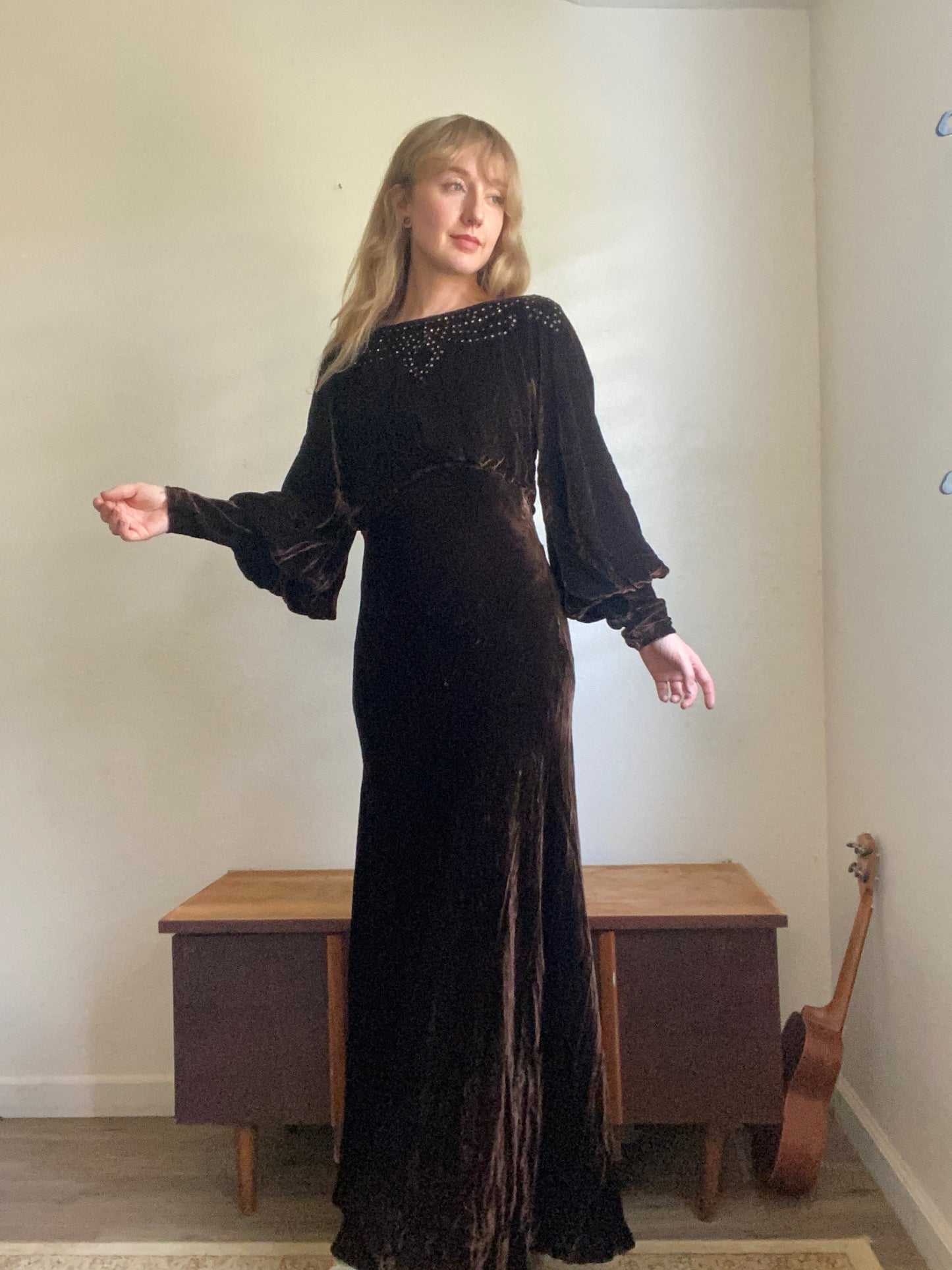 1940s Rhinestone Bias Cut Brown Velvet dress