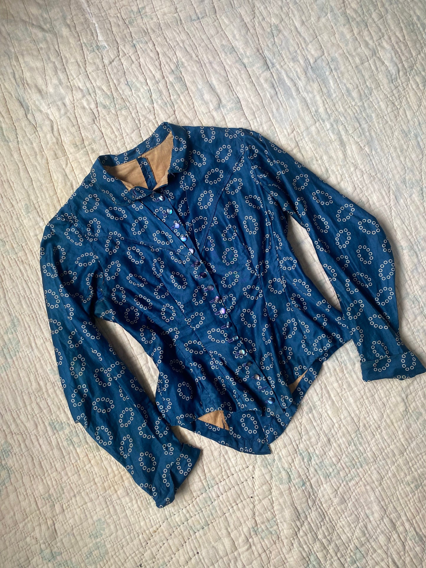 Late 1800s Early 1900s Antique Blue Cotton Calico Bodice Blouse