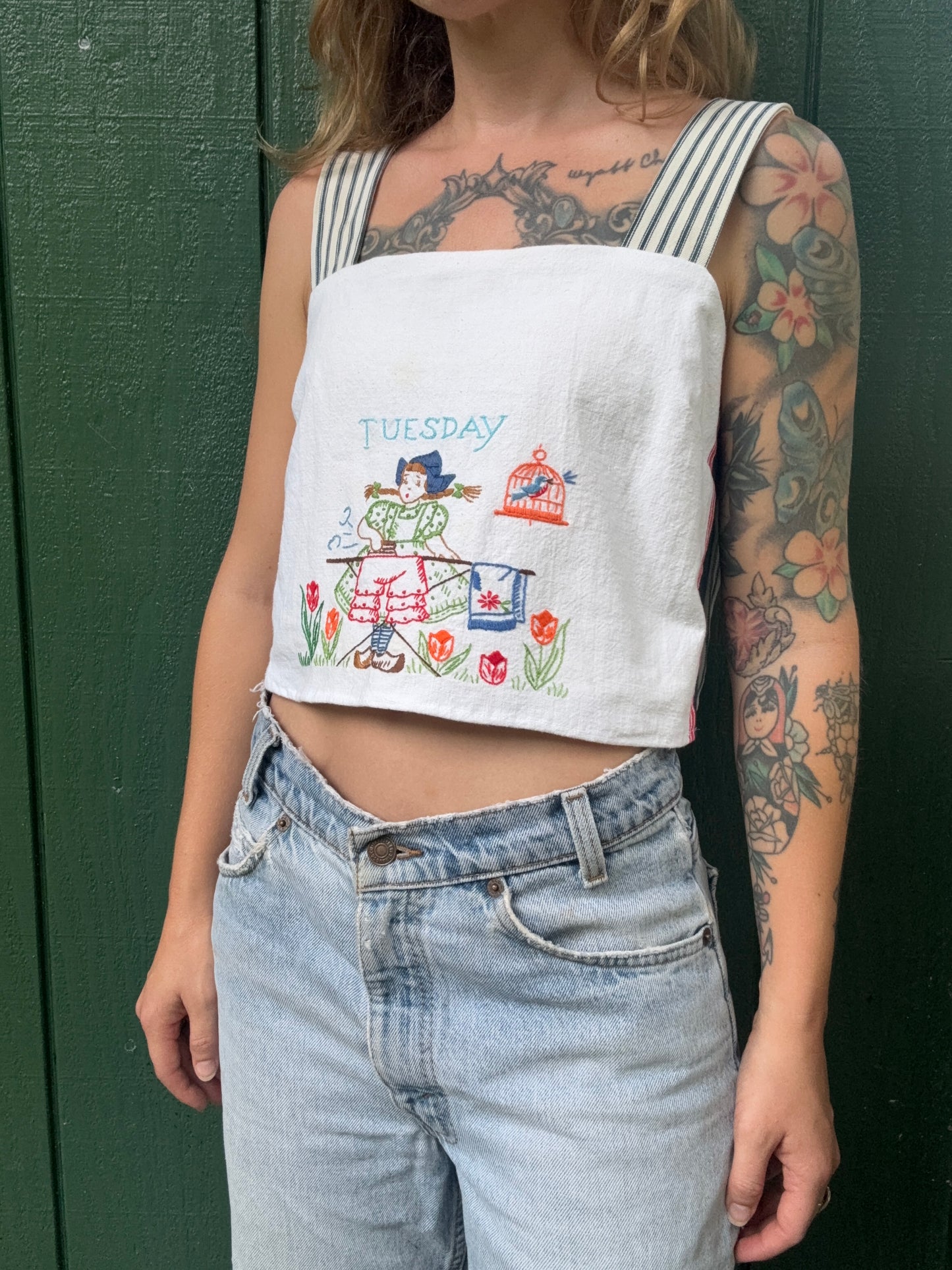 Vintage Handmade Tuesday Embroidered Tea Towel and Feed Sack Tank Top