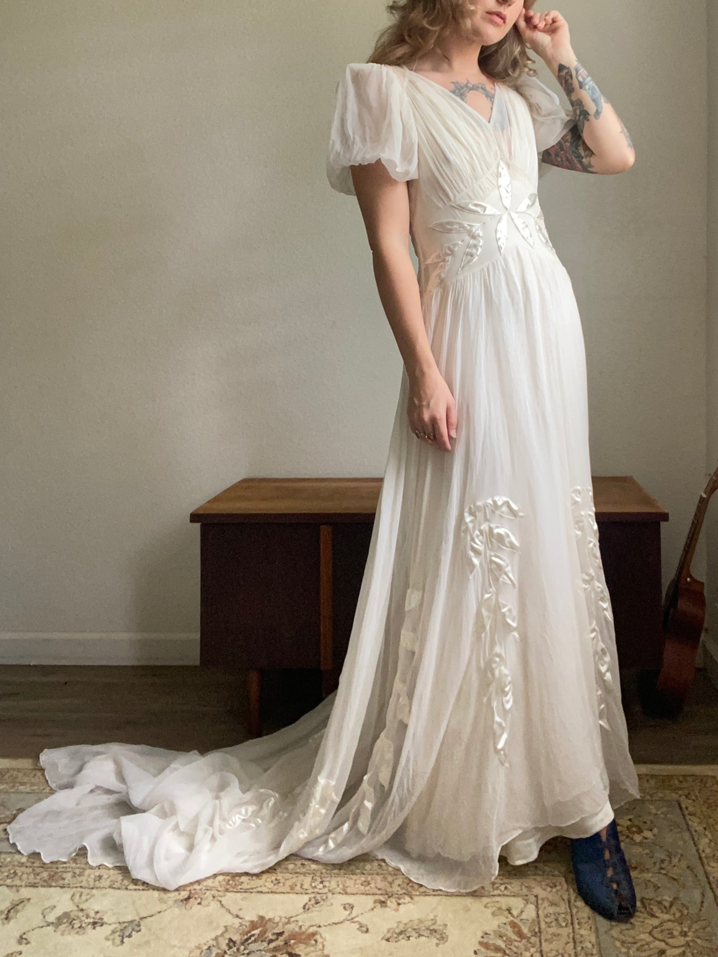 1930s 2 piece net tulle wedding gown and slip XS/S