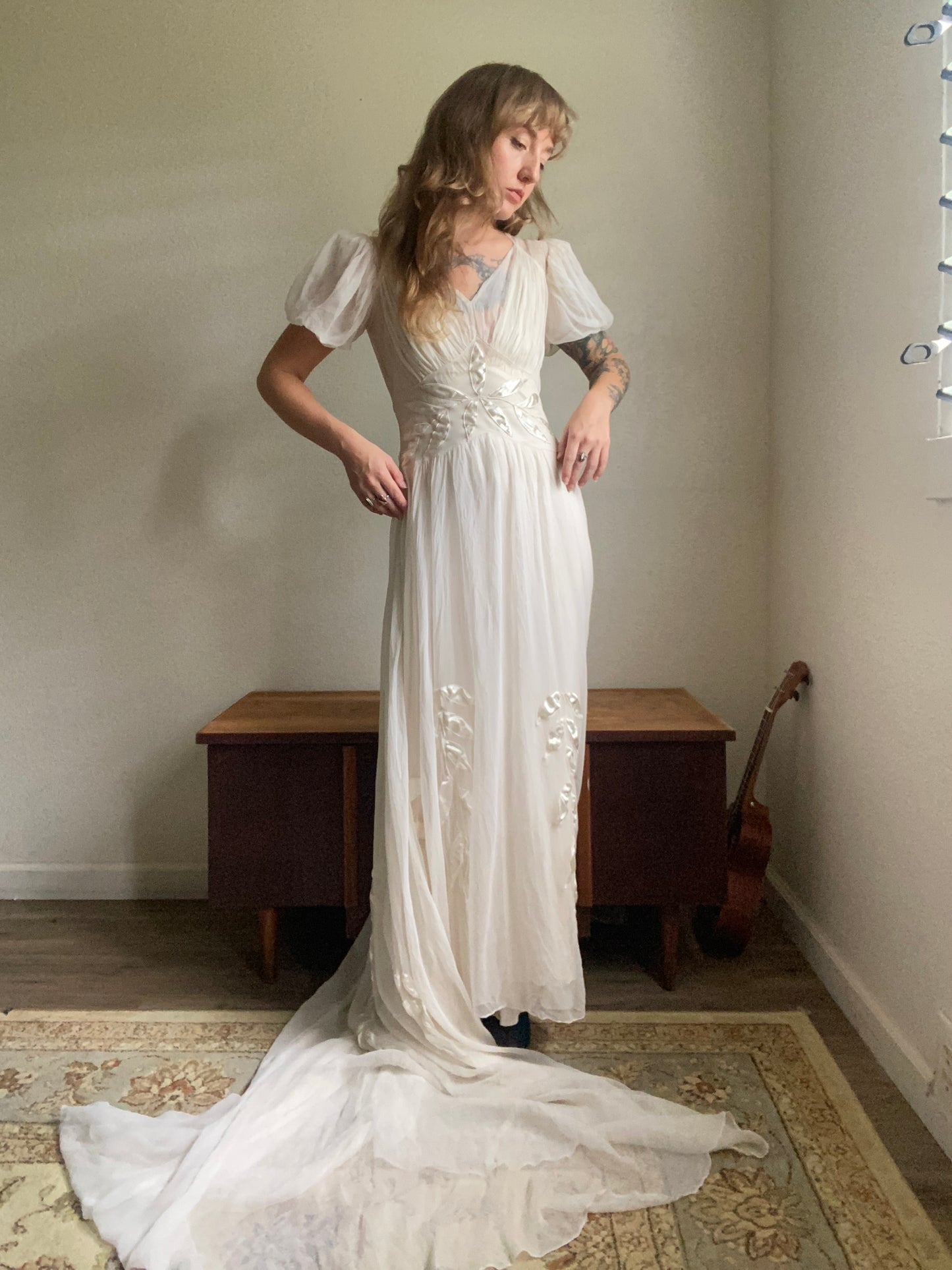 1930s 2 piece net tulle wedding gown and slip XS/S