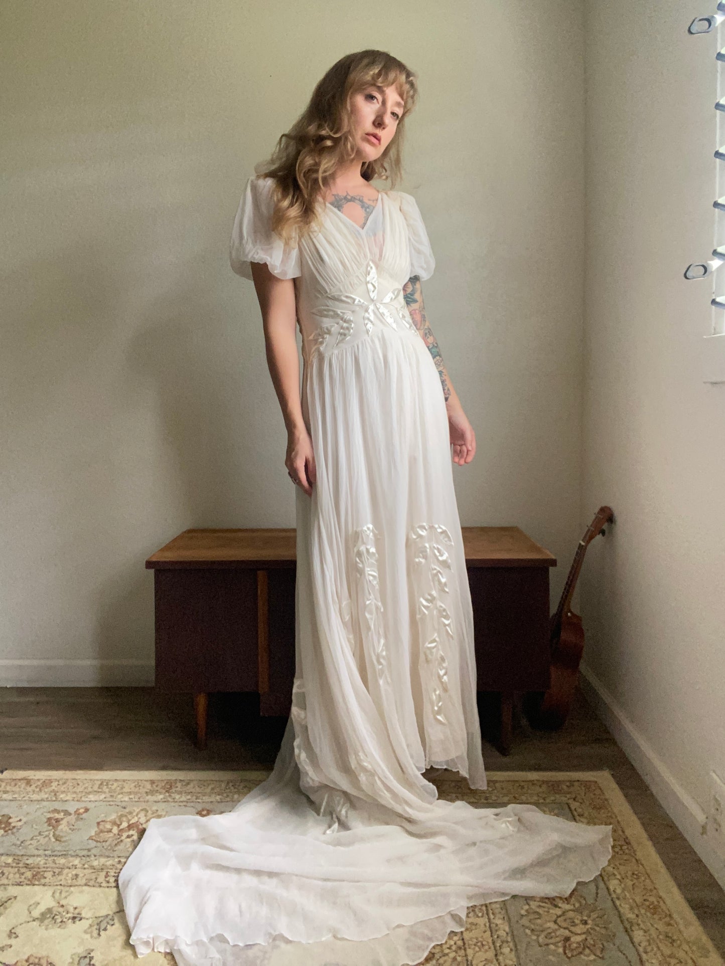 1930s 2 piece net tulle wedding gown and slip XS/S