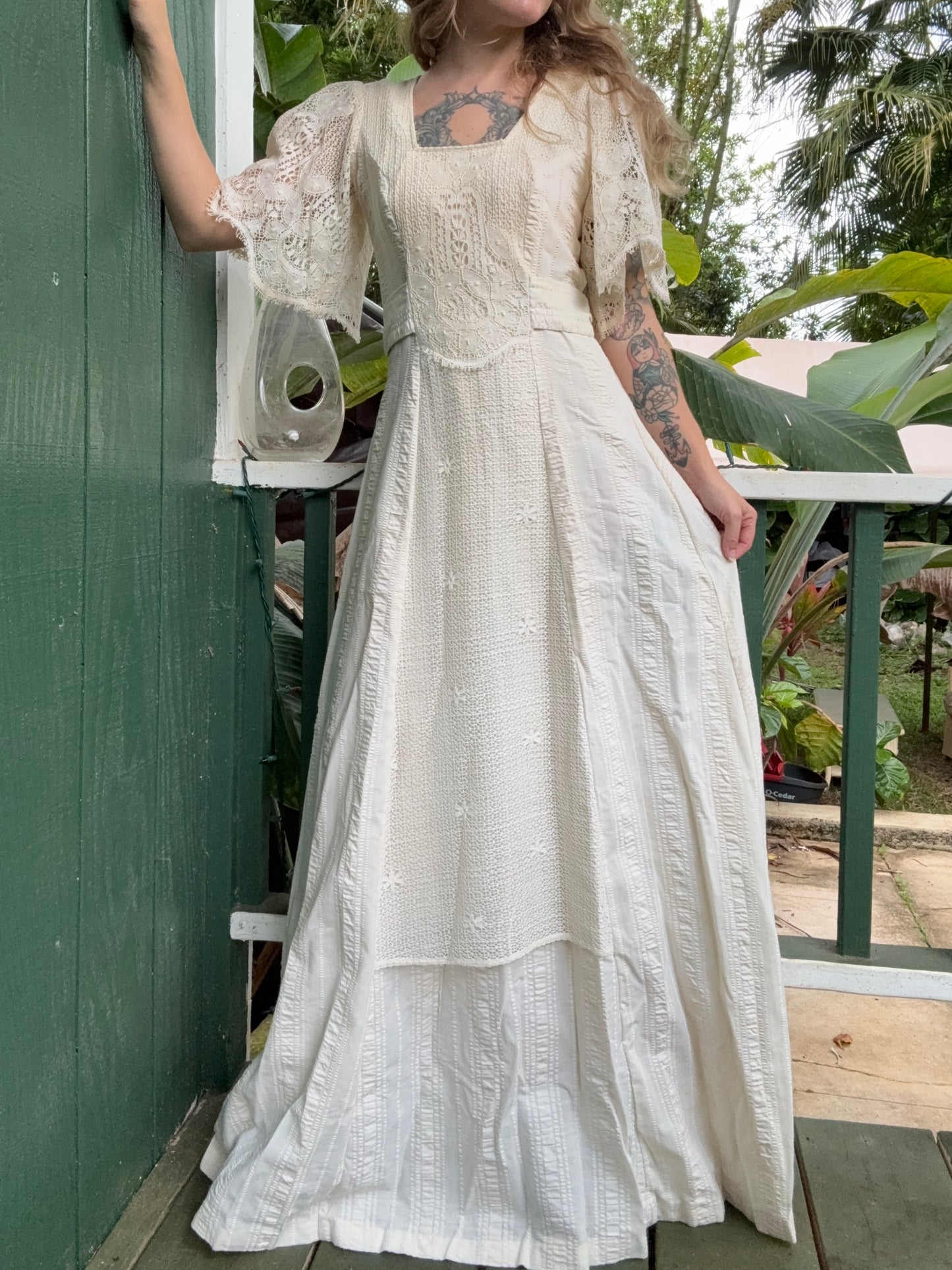 1970s Joy Stevens Ivory Lace Prairie Dress Small Long