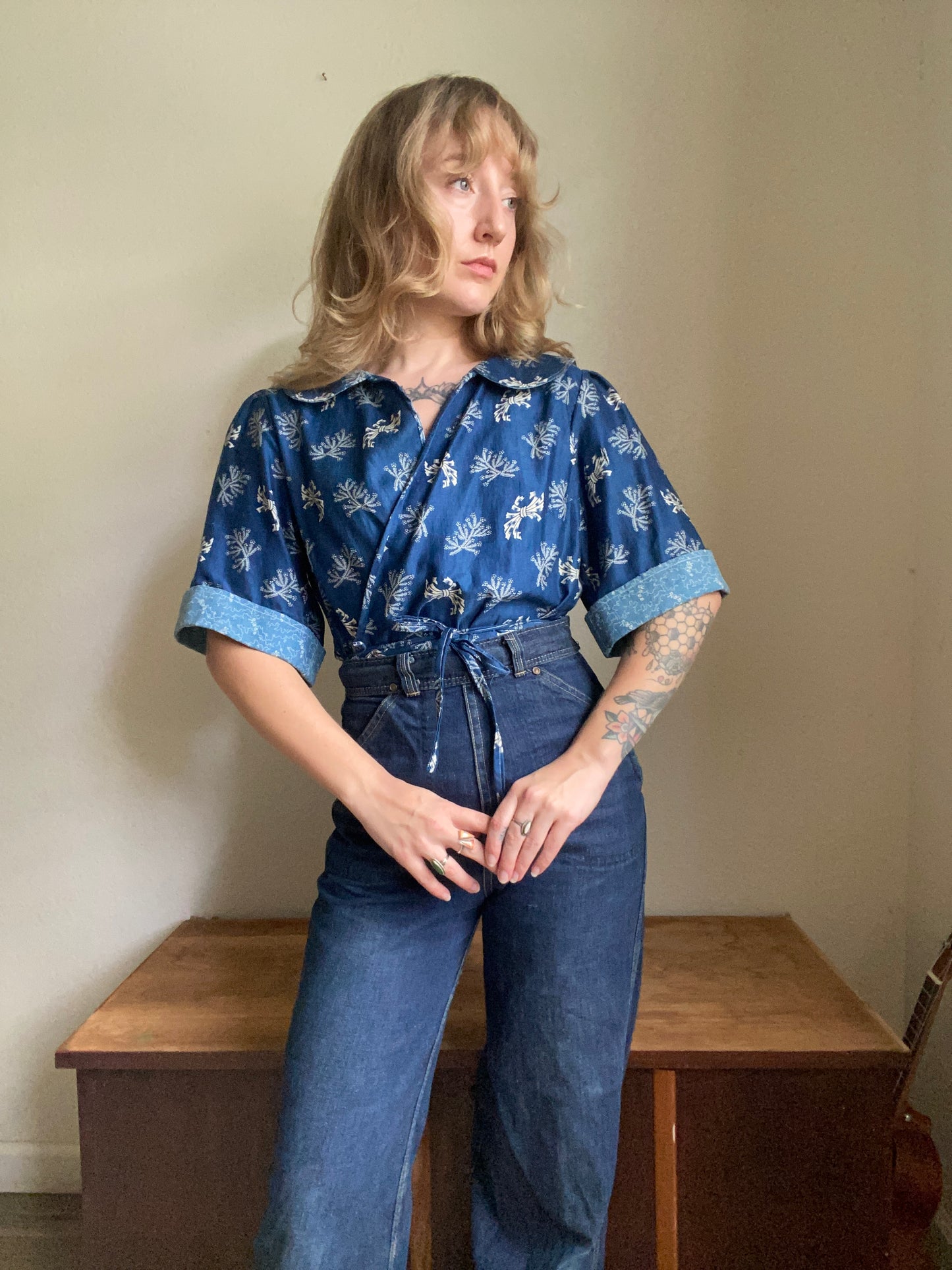 Early 1900s Antique Blue Cotton Calico fabric remade Blouse by Reunion Vintage