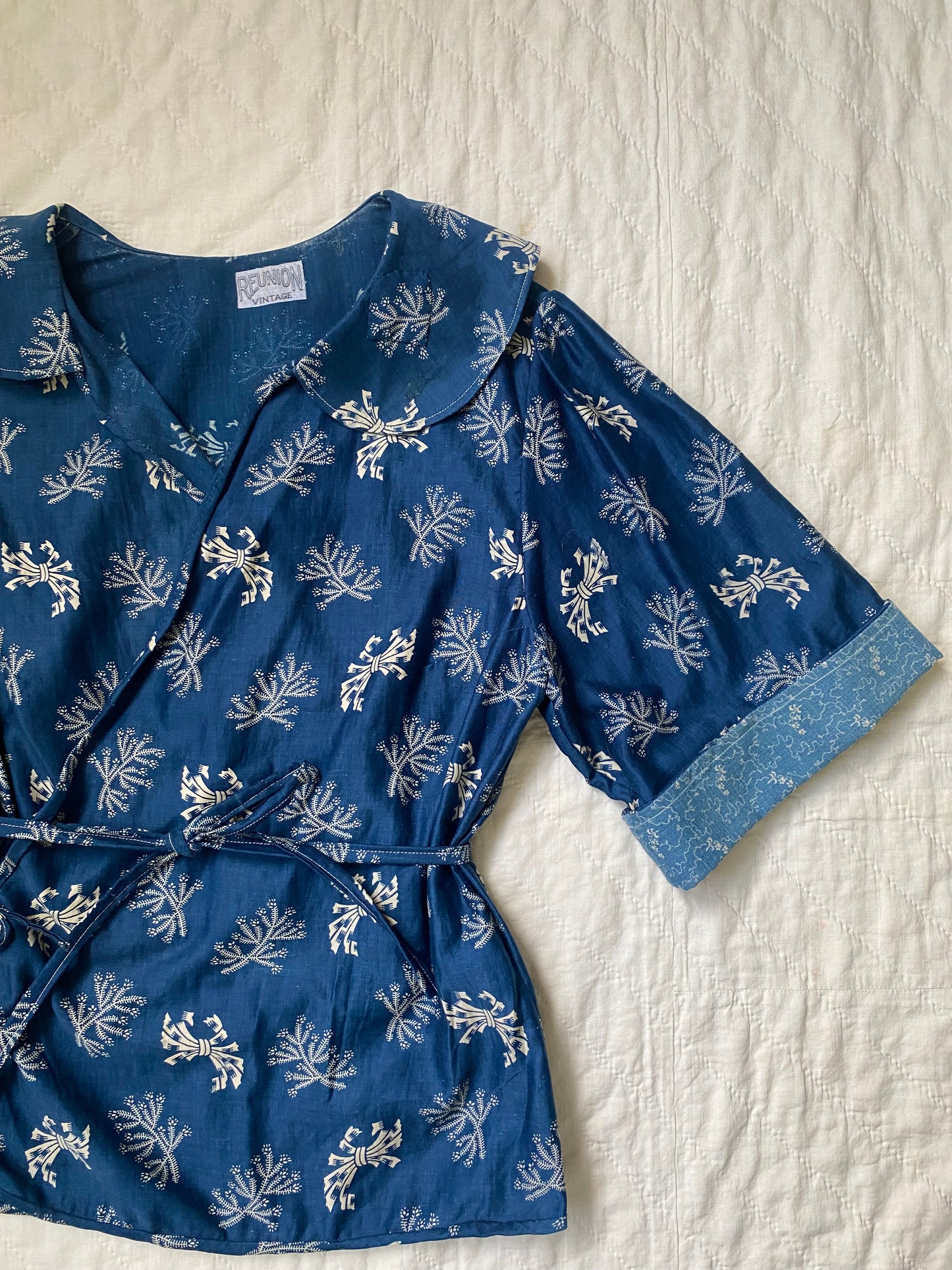 Early 1900s Antique Blue Cotton Calico fabric remade Blouse by Reunion Vintage