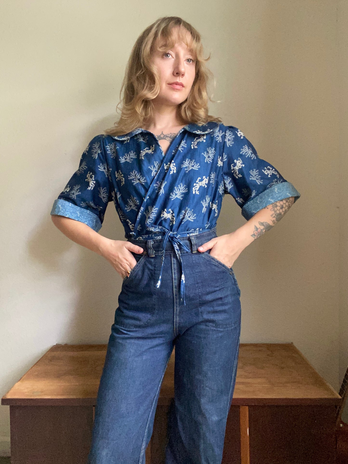 Early 1900s Antique Blue Cotton Calico fabric remade Blouse by Reunion Vintage
