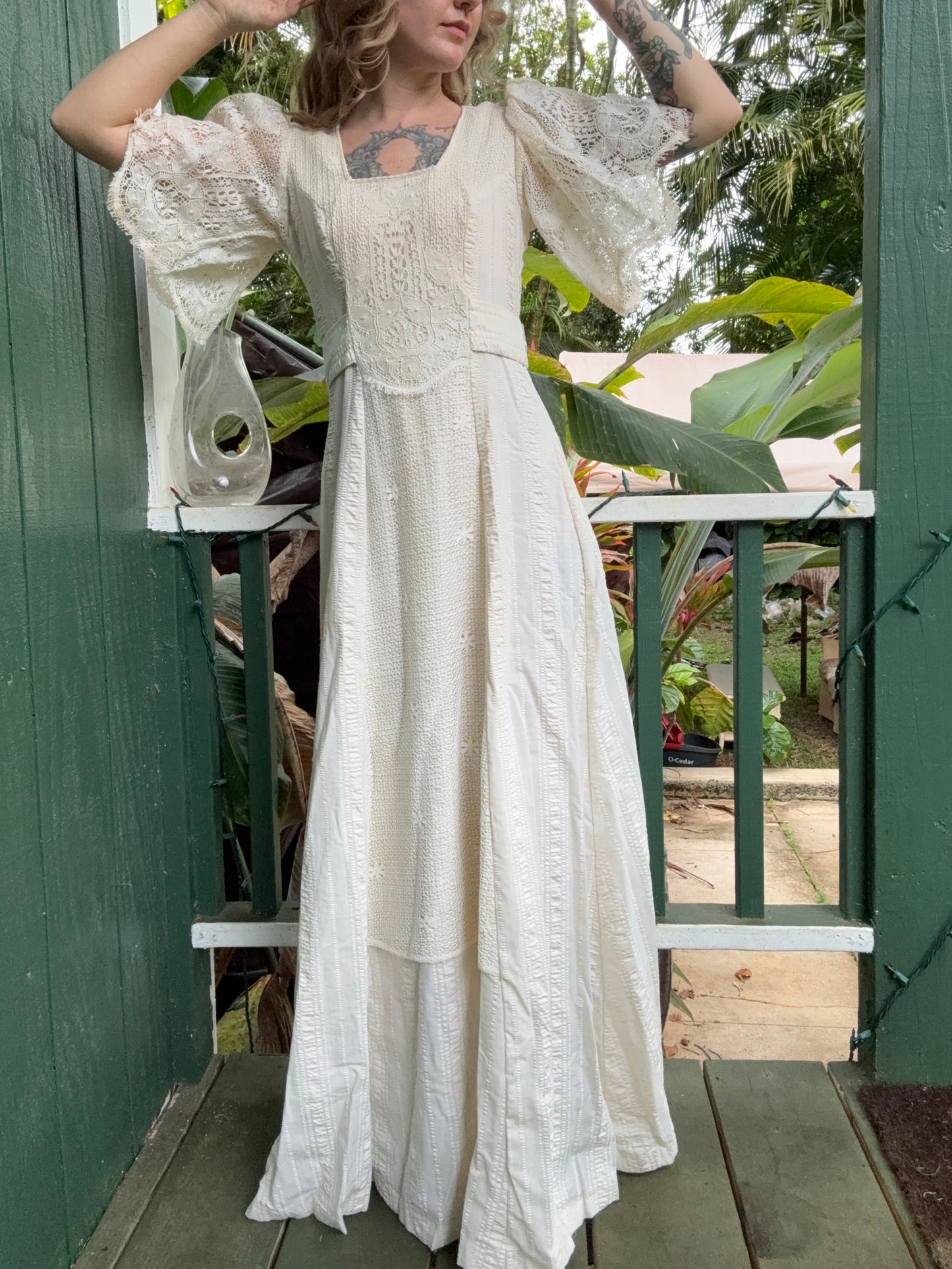 1970s Joy Stevens Ivory Lace Prairie Dress Small Long