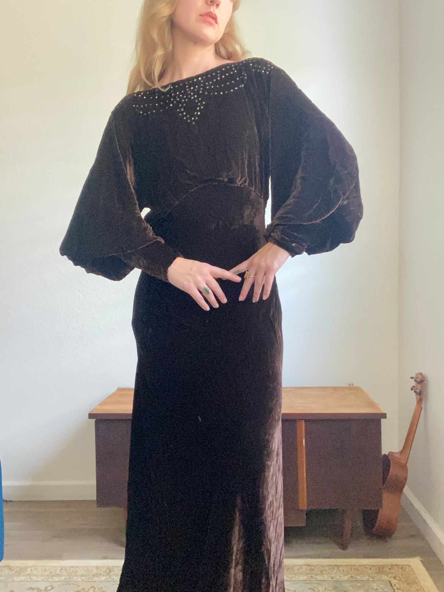 1940s Rhinestone Bias Cut Brown Velvet dress