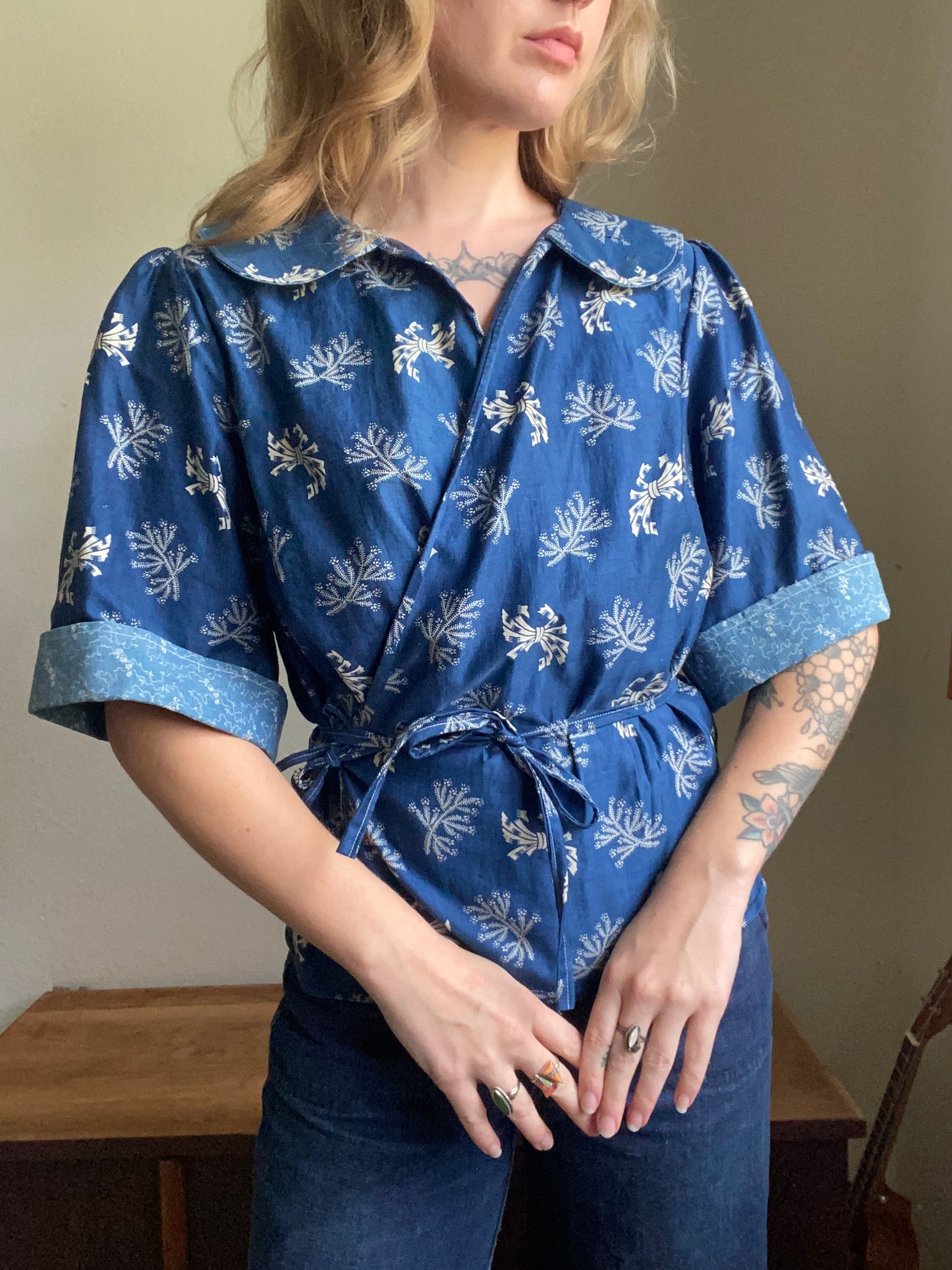Early 1900s Antique Blue Cotton Calico fabric remade Blouse by Reunion Vintage