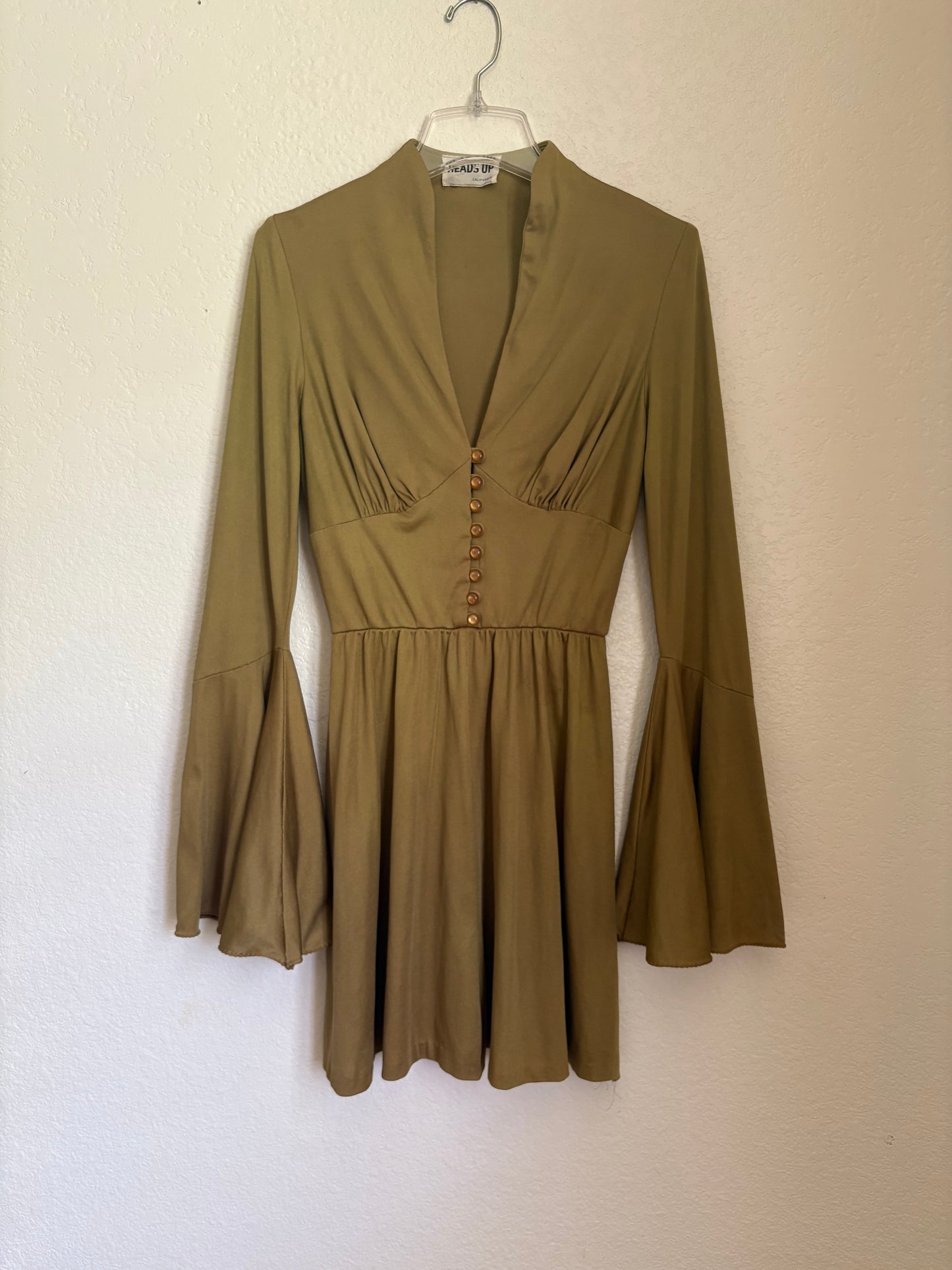 1970s Olive Green Bell Sleeve Mini Dress Medium