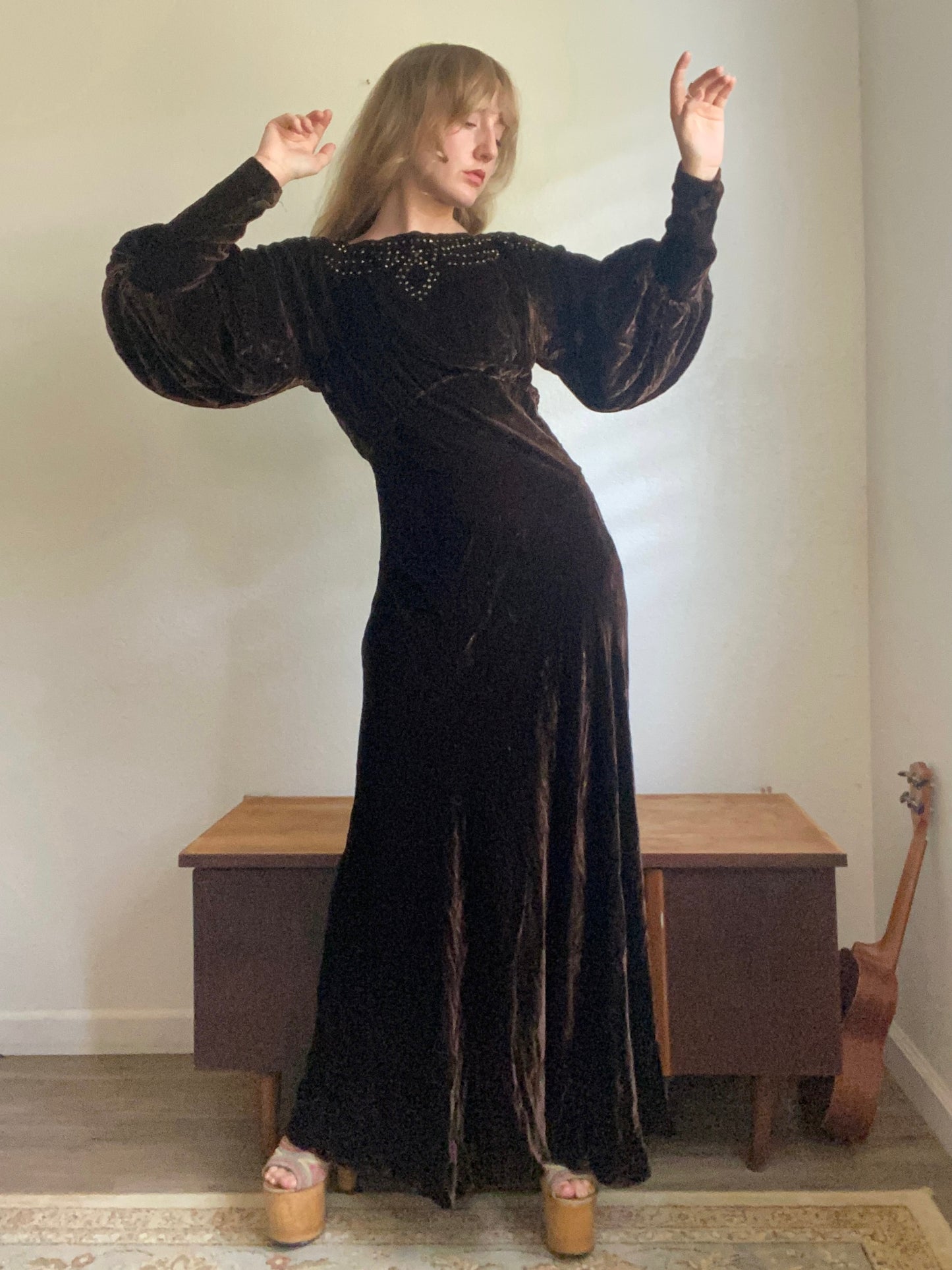 1940s Rhinestone Bias Cut Brown Velvet dress