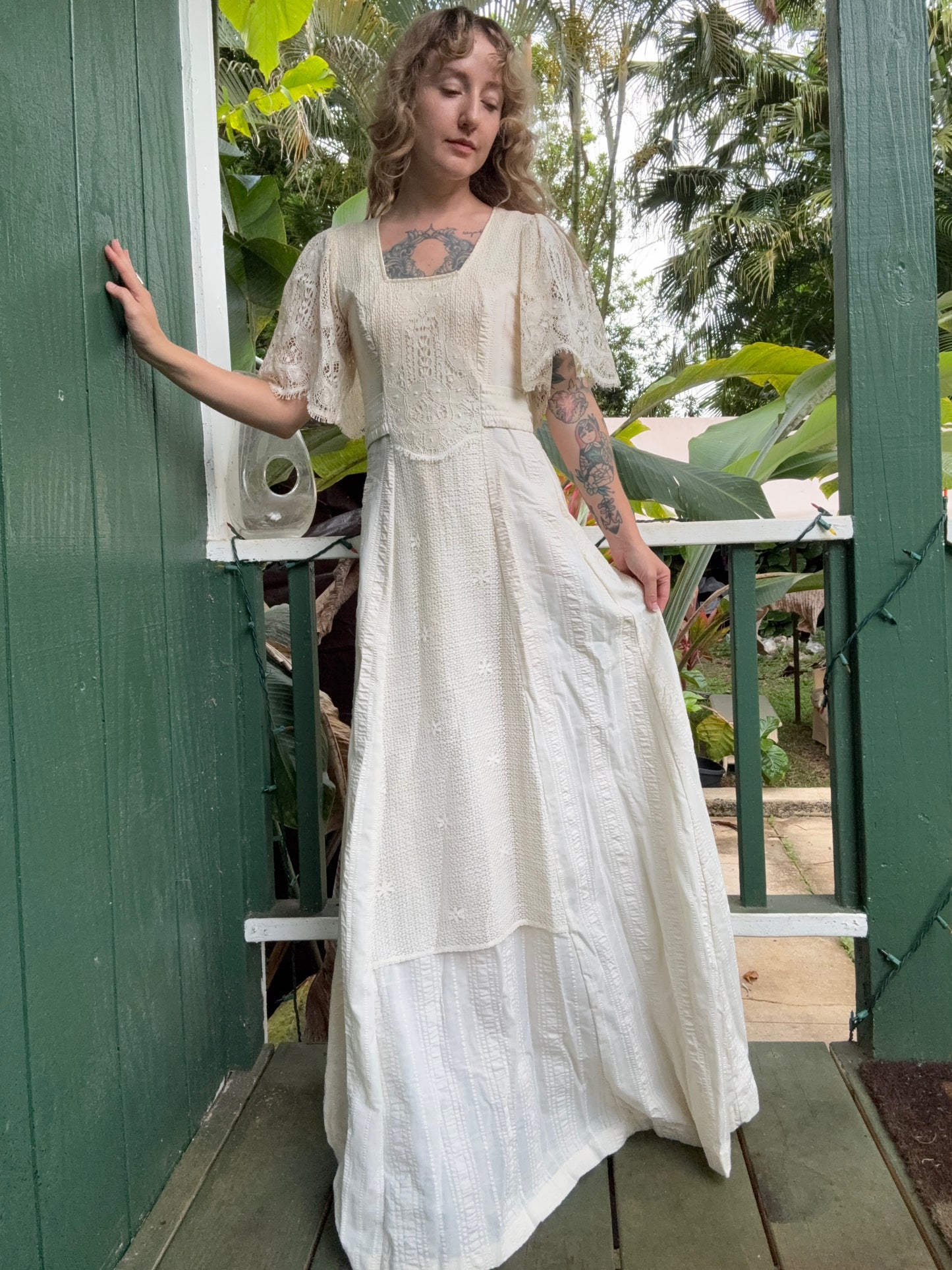 1970s Joy Stevens Ivory Lace Prairie Dress Small Long