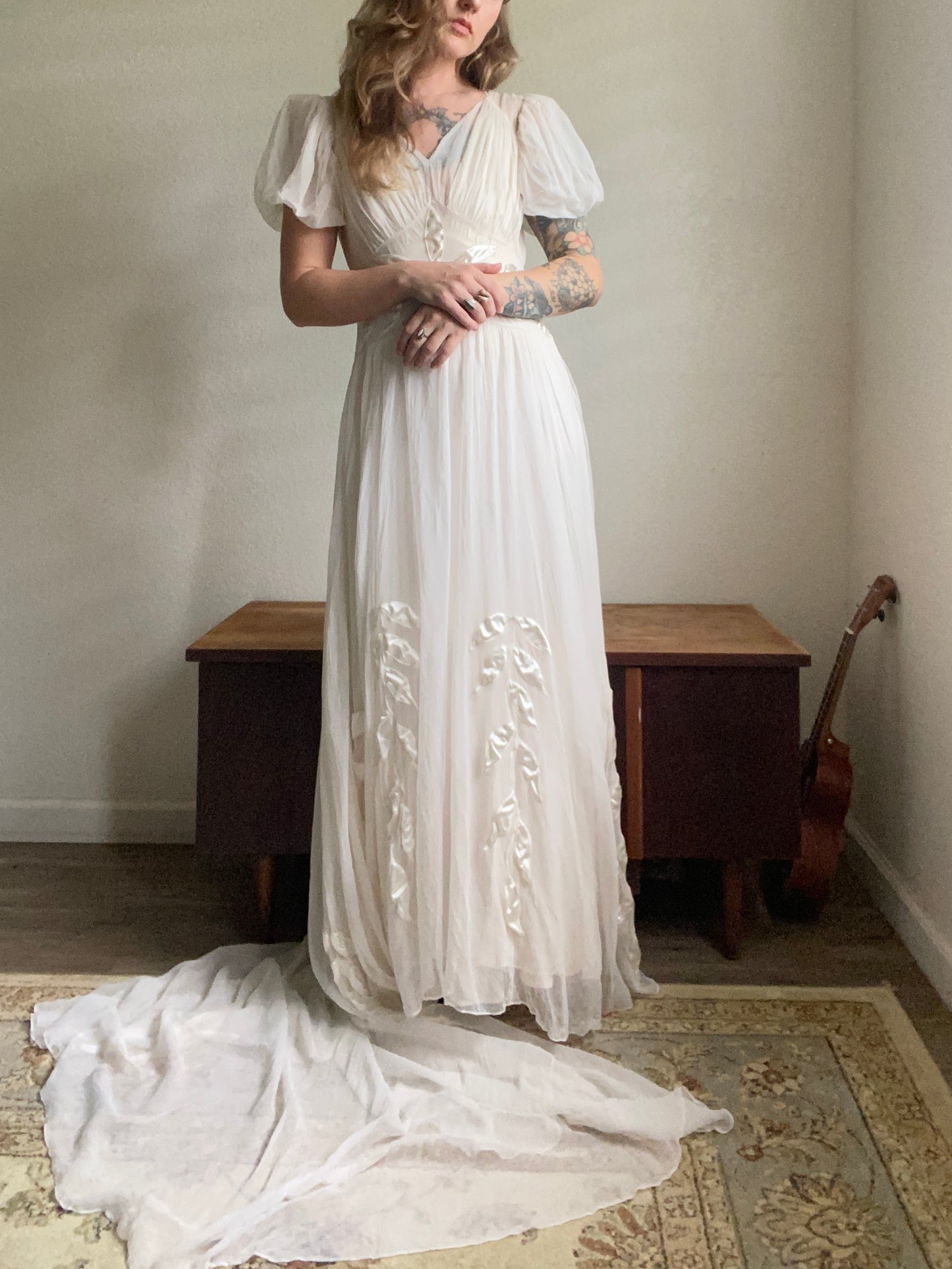 1930s 2 piece net tulle wedding gown and slip XS/S