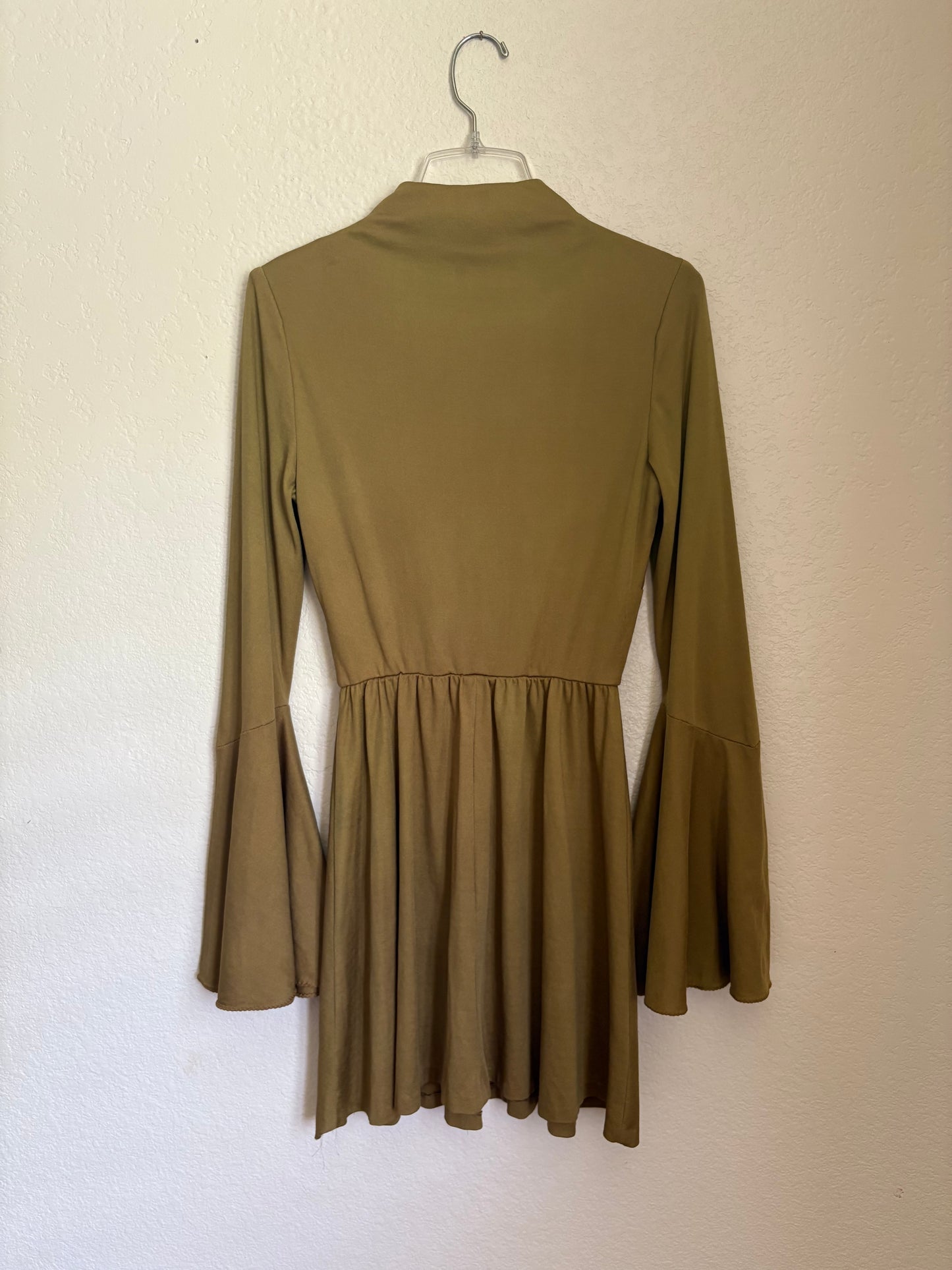 1970s Olive Green Bell Sleeve Mini Dress Medium