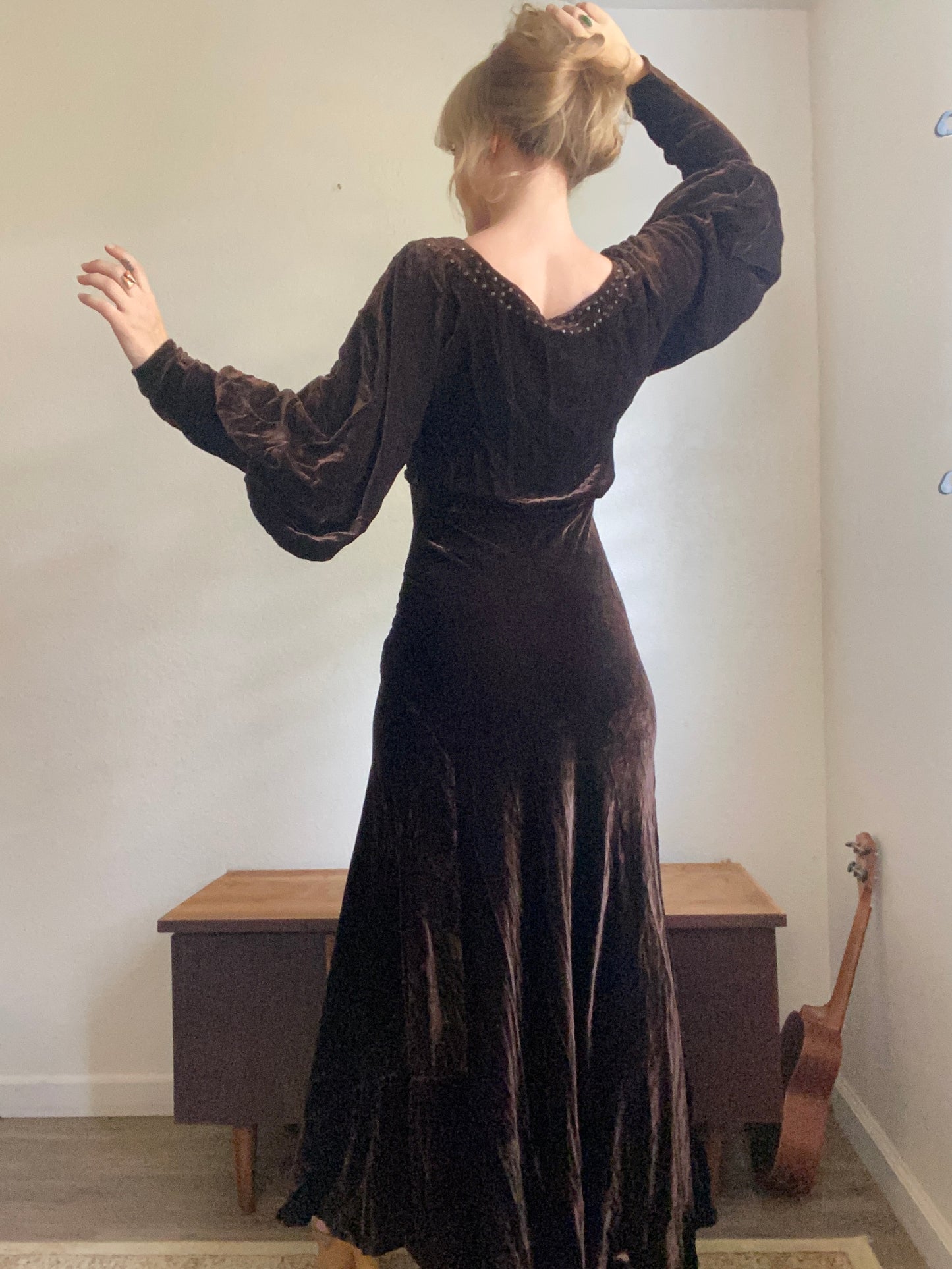 1940s Rhinestone Bias Cut Brown Velvet dress