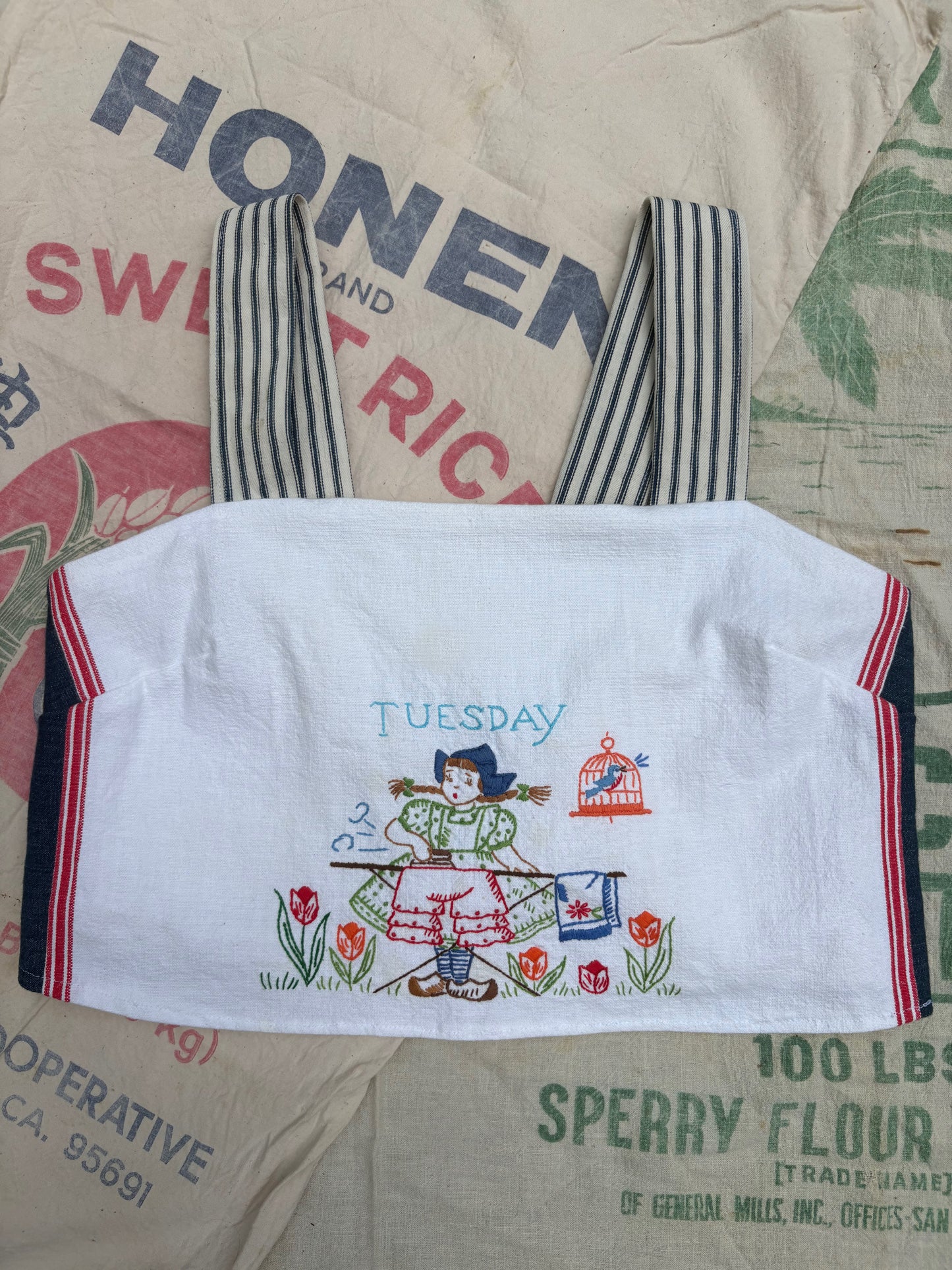 Vintage Handmade Tuesday Embroidered Tea Towel and Feed Sack Tank Top