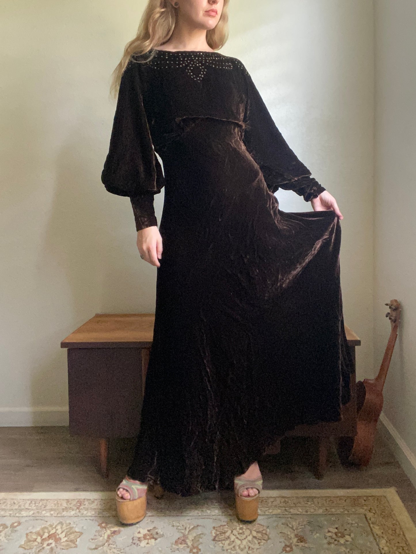 1940s Rhinestone Bias Cut Brown Velvet dress