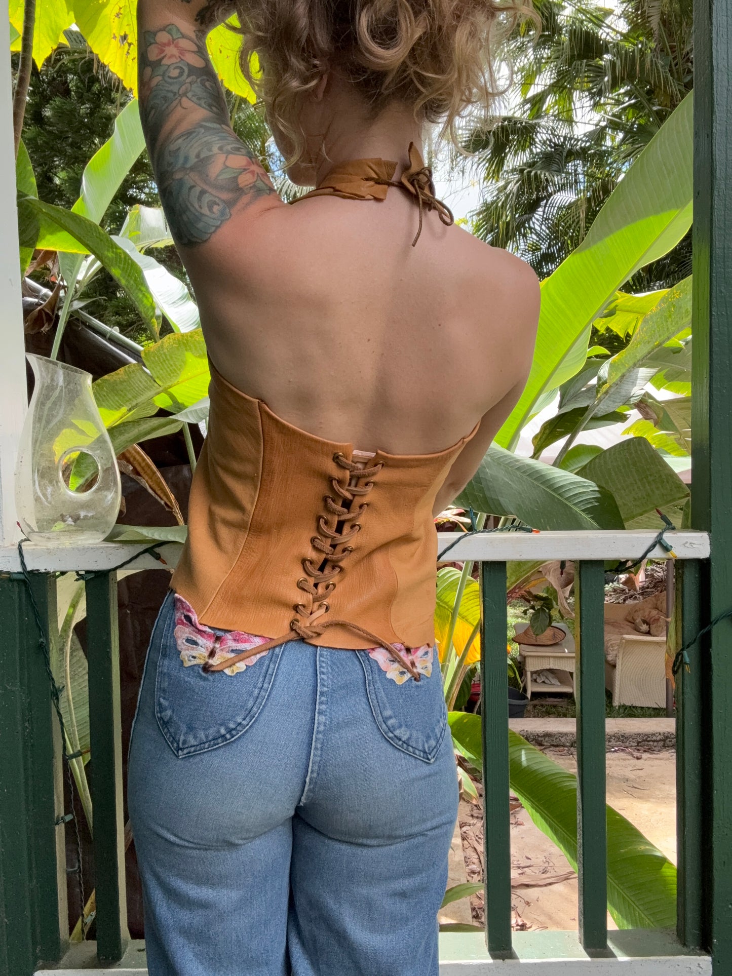 Vintage Tooled Lion Design Buckskin Halter Top Small