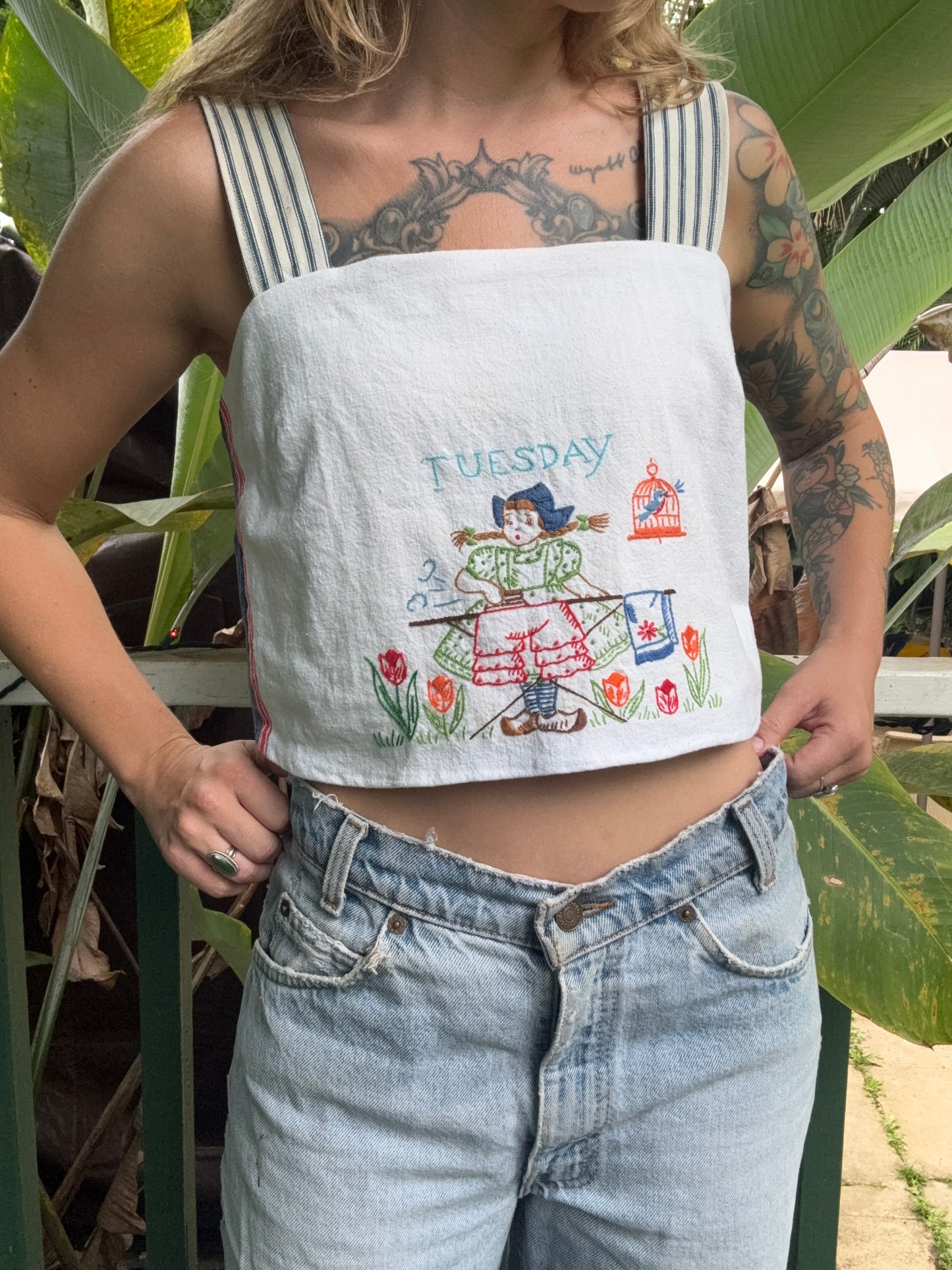 Vintage Handmade Tuesday Embroidered Tea Towel and Feed Sack Tank Top