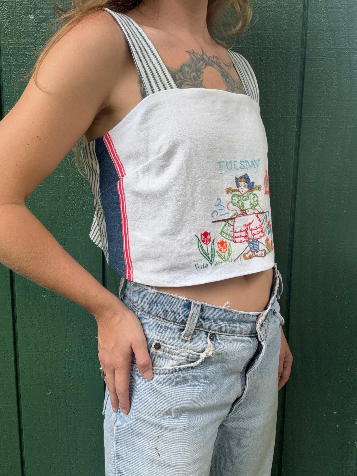 Vintage Handmade Tuesday Embroidered Tea Towel and Feed Sack Tank Top